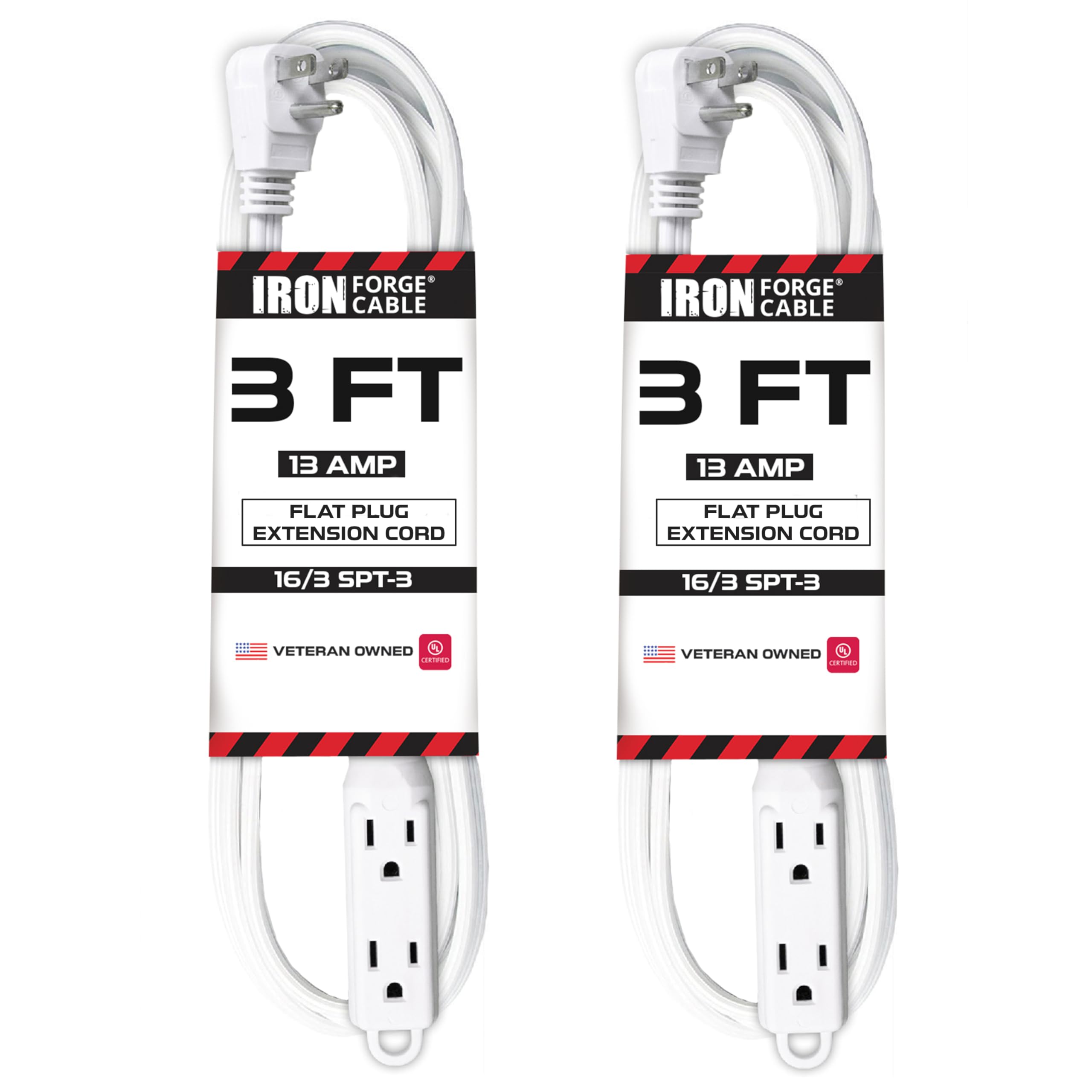 Iron Forge Cable 2 Pack Of 3 Ft Flat Extension Cord Multiple Outlets   16/3 Flat Plug Indoor Extension Cord White Multi Pack   3