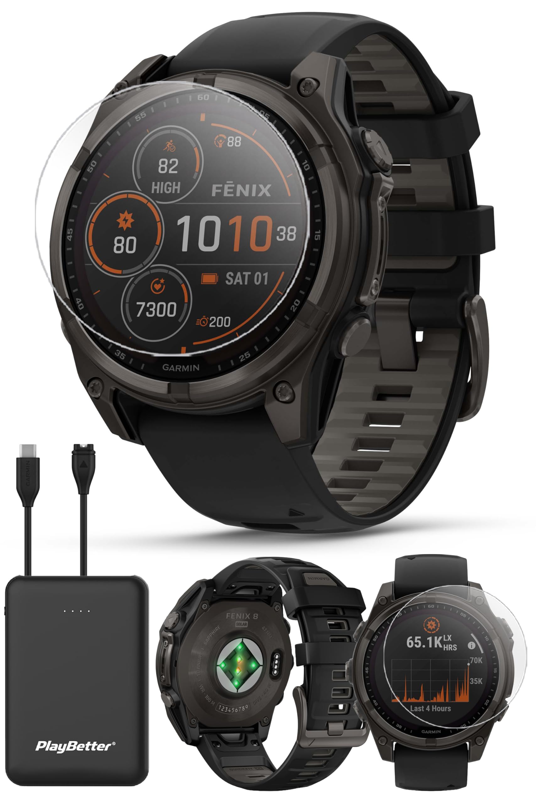 PlayBetter Garmin Fenix 8 Solar Sapphire (47mm, Carbon Gray DLC Titanium) Multisport GPS Smartwatch Bundle - 1.4    Touchscreen,