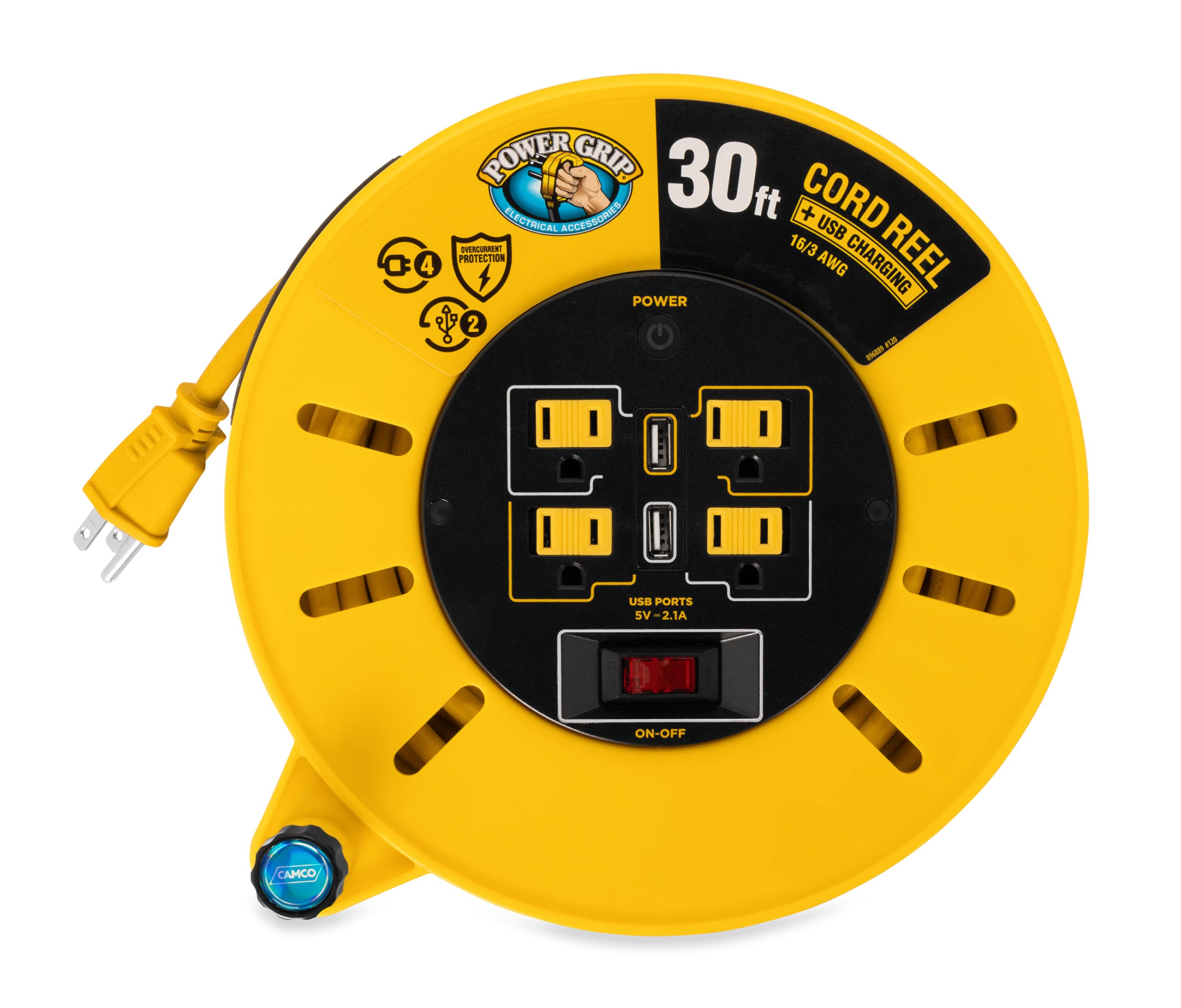 Camco Power Grip 30 Foot Extension Cord Reel With Usb Charging Ports | Provides An Extended Length To Power Your Equipment And D