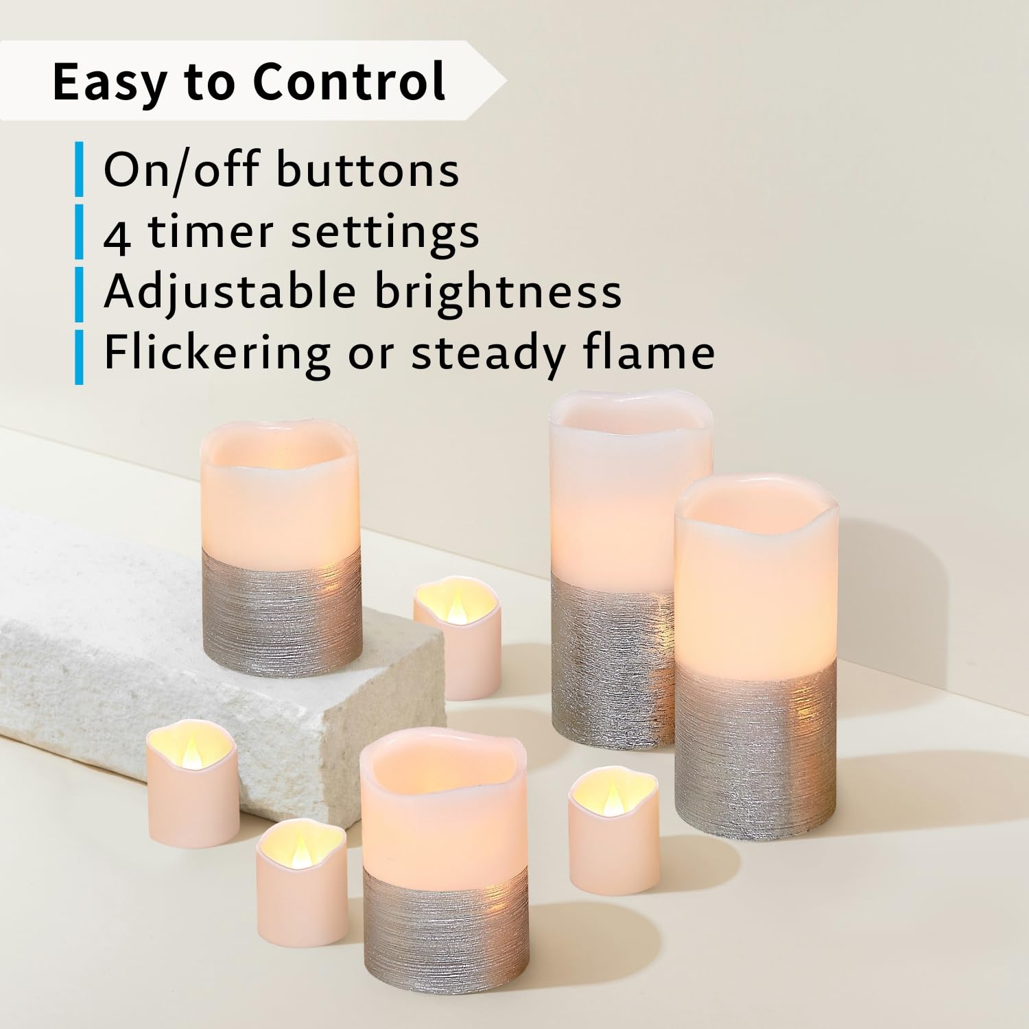 Furora Lighting Silver Real Wax Trim Candles With Remote And Timer, Pack Of 8 Pillar & Votive Candles, Led Flameless Flickering