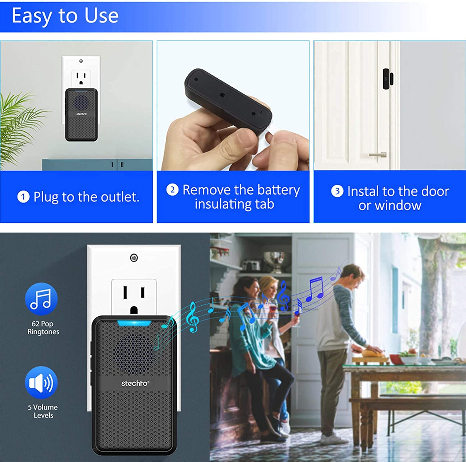 Stechro Door Chime, Wireless Door Open Contact Sensor Alarm With 600Ft Range, 62 Chimes 5 Adjustable Volumes For Business/Home/O