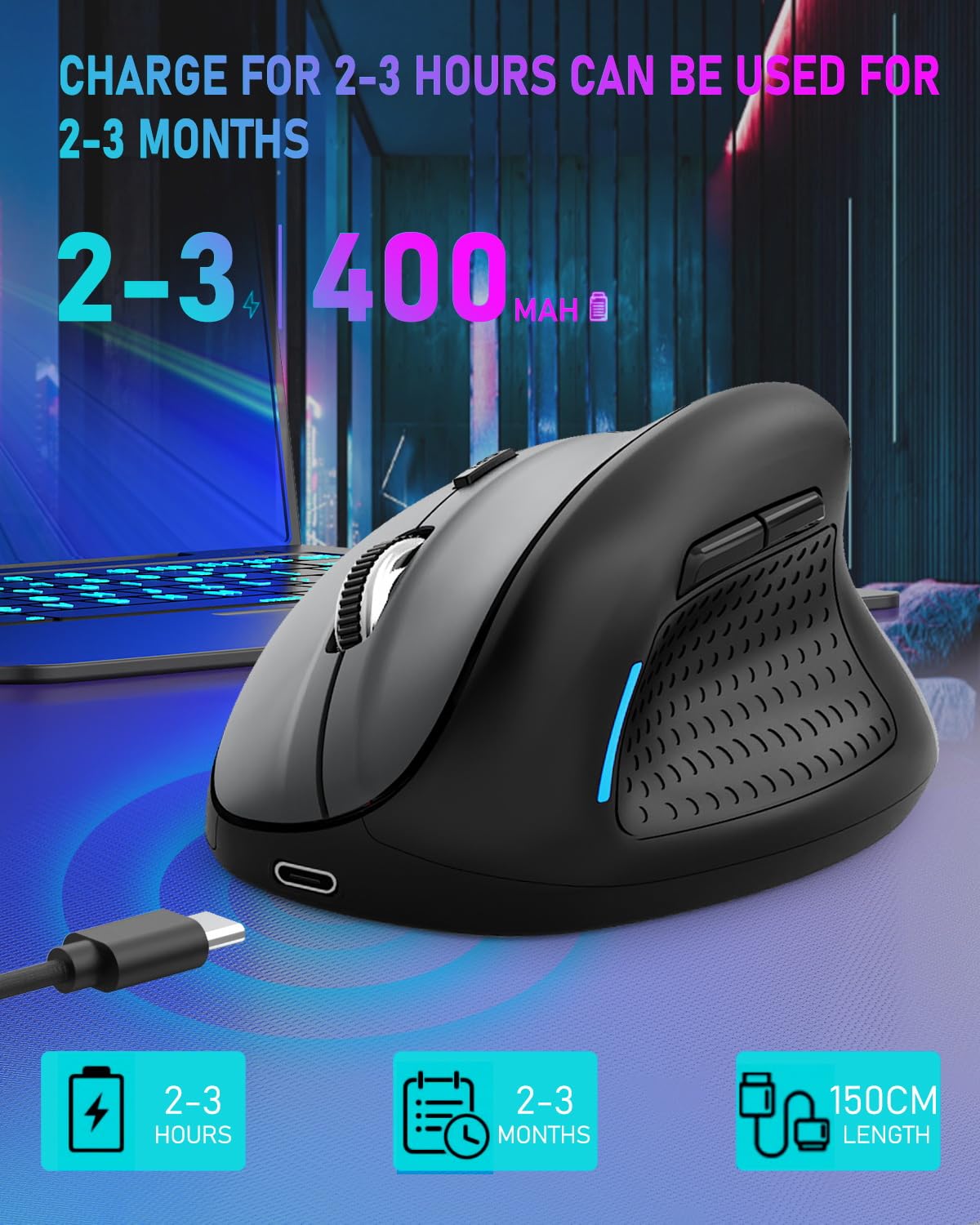 Ergonomic Mouse, E Yooso Wireless Vertical Mouse With 6 Buttons, 5 Adjustable Dpi Levels, Up To 4800 Dpi, 2.4G And Bluetooth Rec