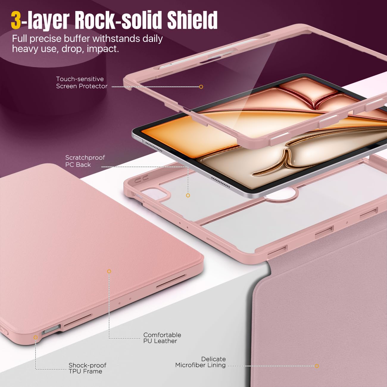 MoKo for iPad Air 13 Inch Case M2 2024 with Pencil Holder, iPad Air 13 Case, [Built in Screen Protector], iPad Air 13' Case with Clear Back & Magnetic Multi Angle Stand Cover, Rose Gold