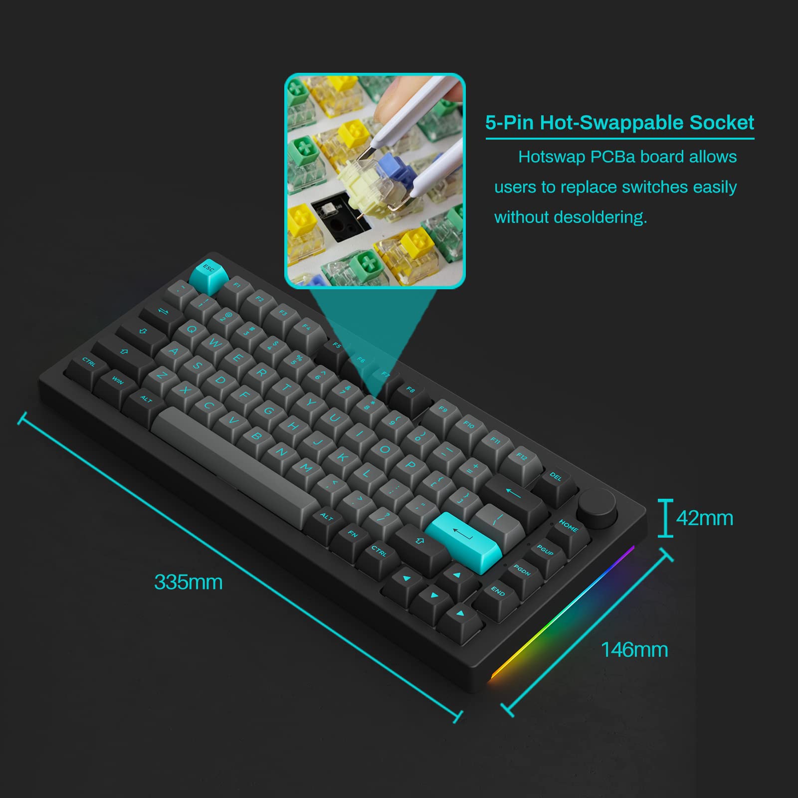 Akko 5075B Plus Mechanical Keyboard 75% Percent Rgb Hot Swappable Keyboard With Knob, Black&Cyan Theme With Pbt Double Shot Asa