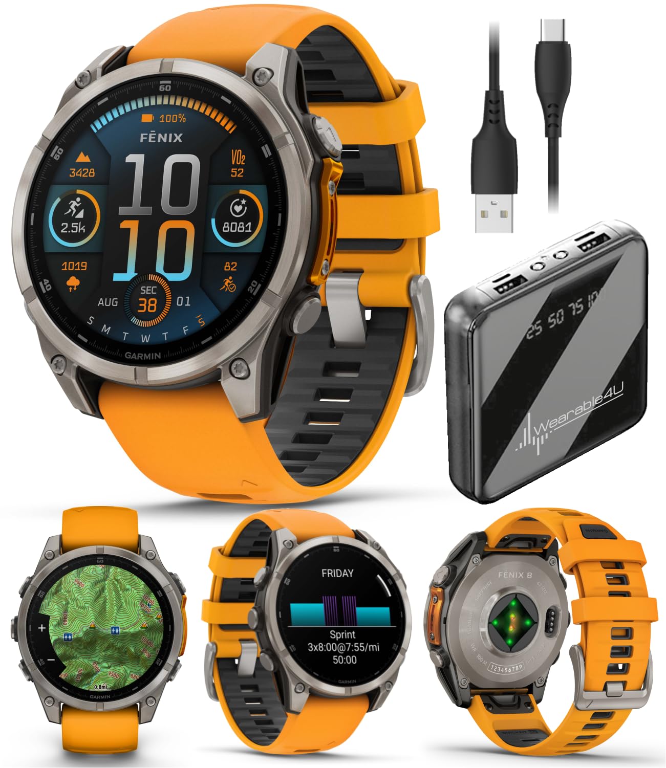 Wearable4U Garmin Fenix 8 - 47 mm, AMOLED Sapphire Multisport GPS Smartwatch,Titanium with Spark Orange/Graphite Silicone Band, 