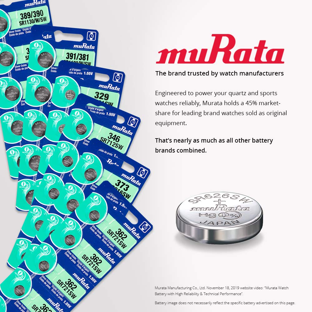 Murata 377 Battery Sr626Sw 1.55V Silver Oxide Watch Button Cell (25 Batteries)