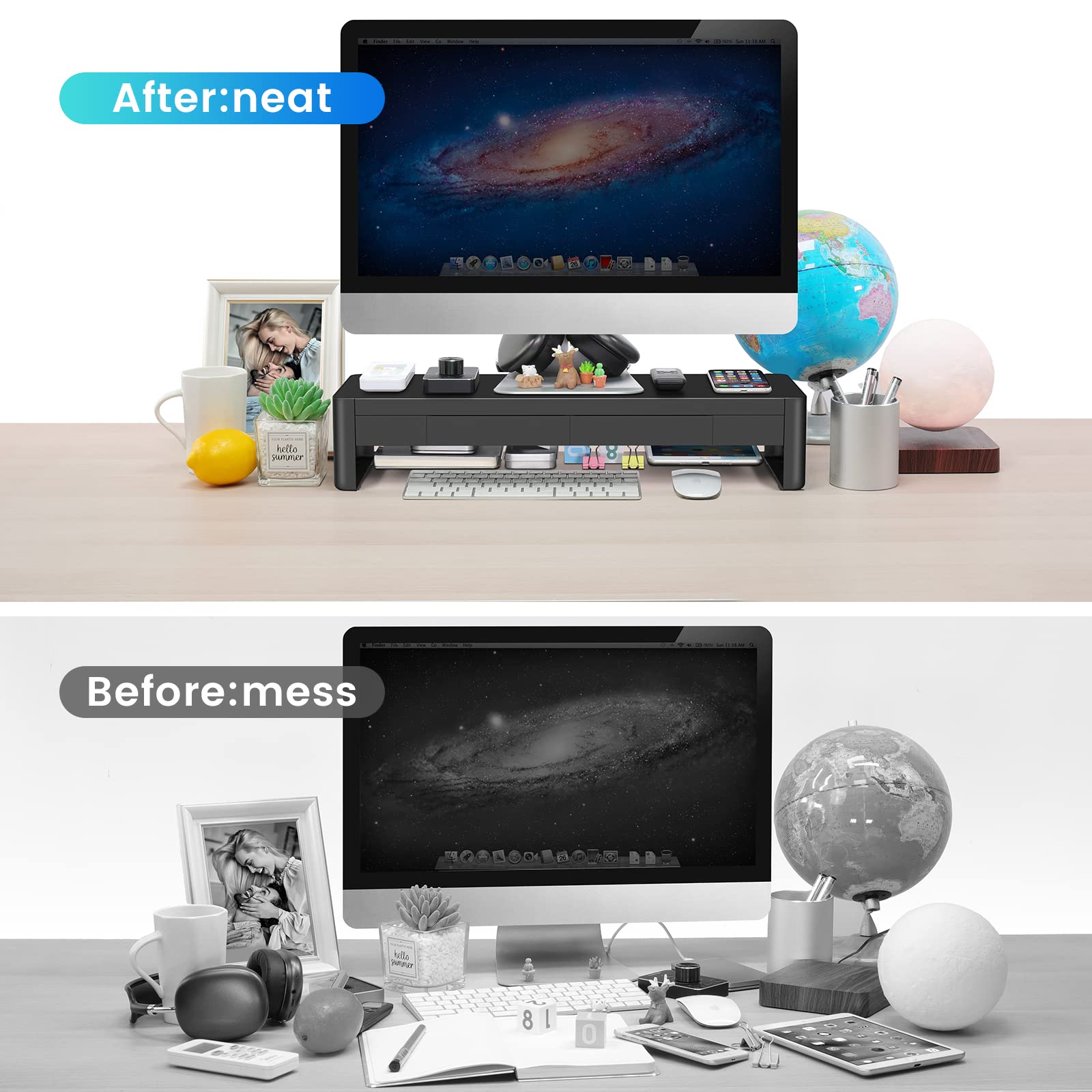 Meatanty 2 In 1 Monitor Stand Riser With 2 Storage Drawers And 4 Usb Ports, Metal Computer Monitor Stand Supports Transfer Data