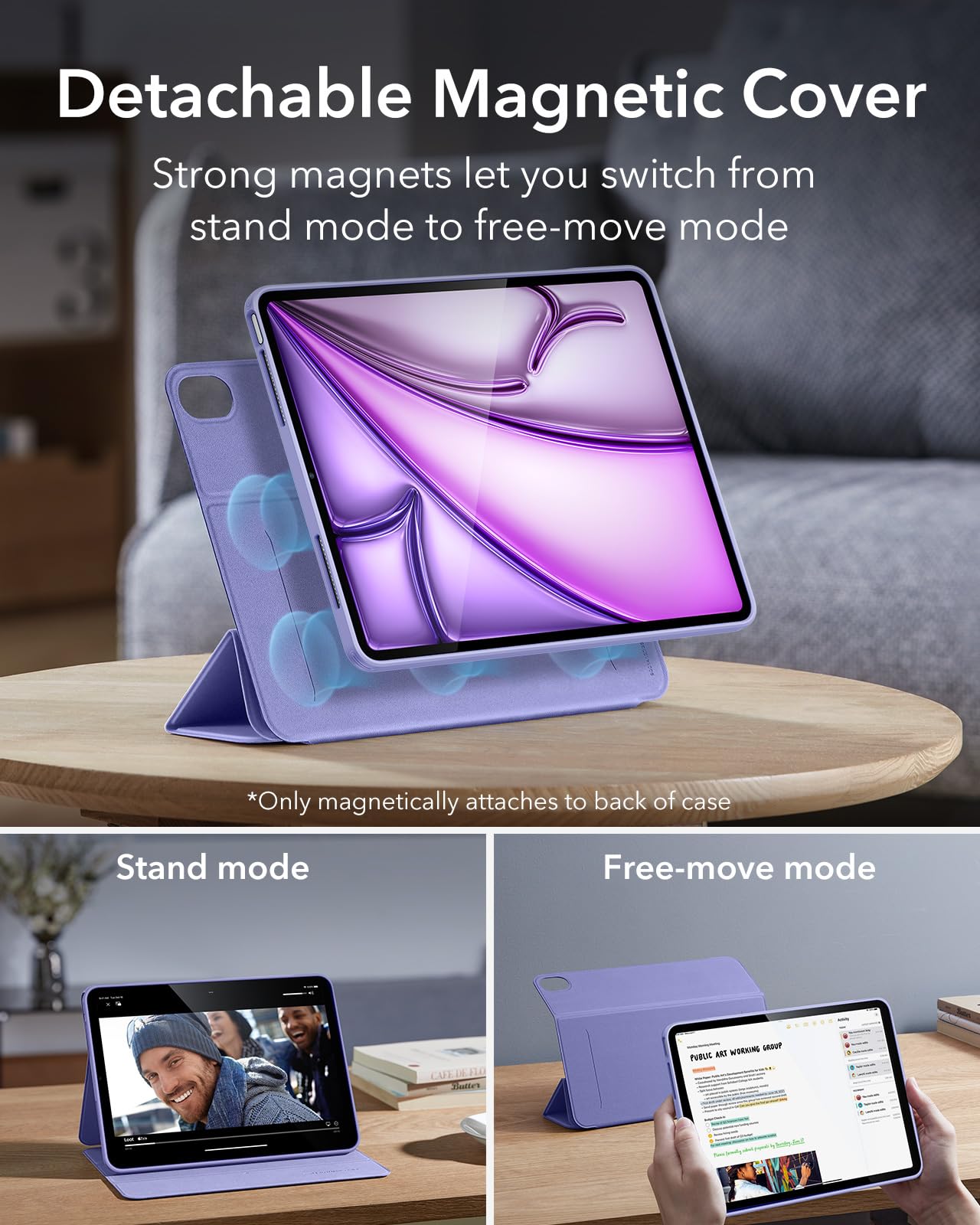 Esr For Ipad Air 13 Inch Case M2(2024), Ipad Air 13 Case With Pencil Holder, Removable Magnetic Cover, Vertical Stand, Fully Supports Pencil Pro And Pencil(Usb C), Rebound 360 Series, Lavender