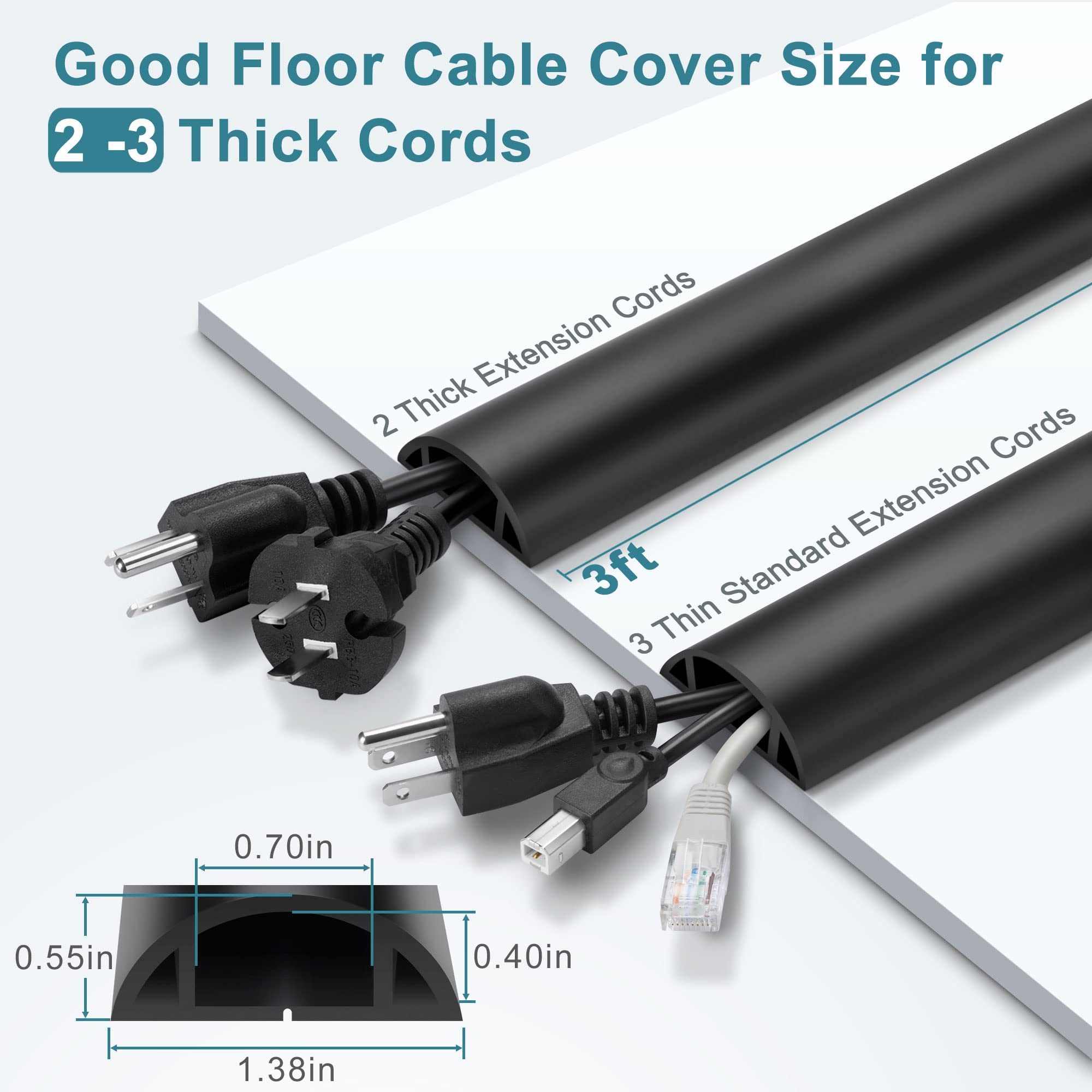 3Ft Cord Cover Floor, Black Cord Hider Floor, Extension Cable Cover Power Cord Protector Floor, Cable Management Hide Cords On F