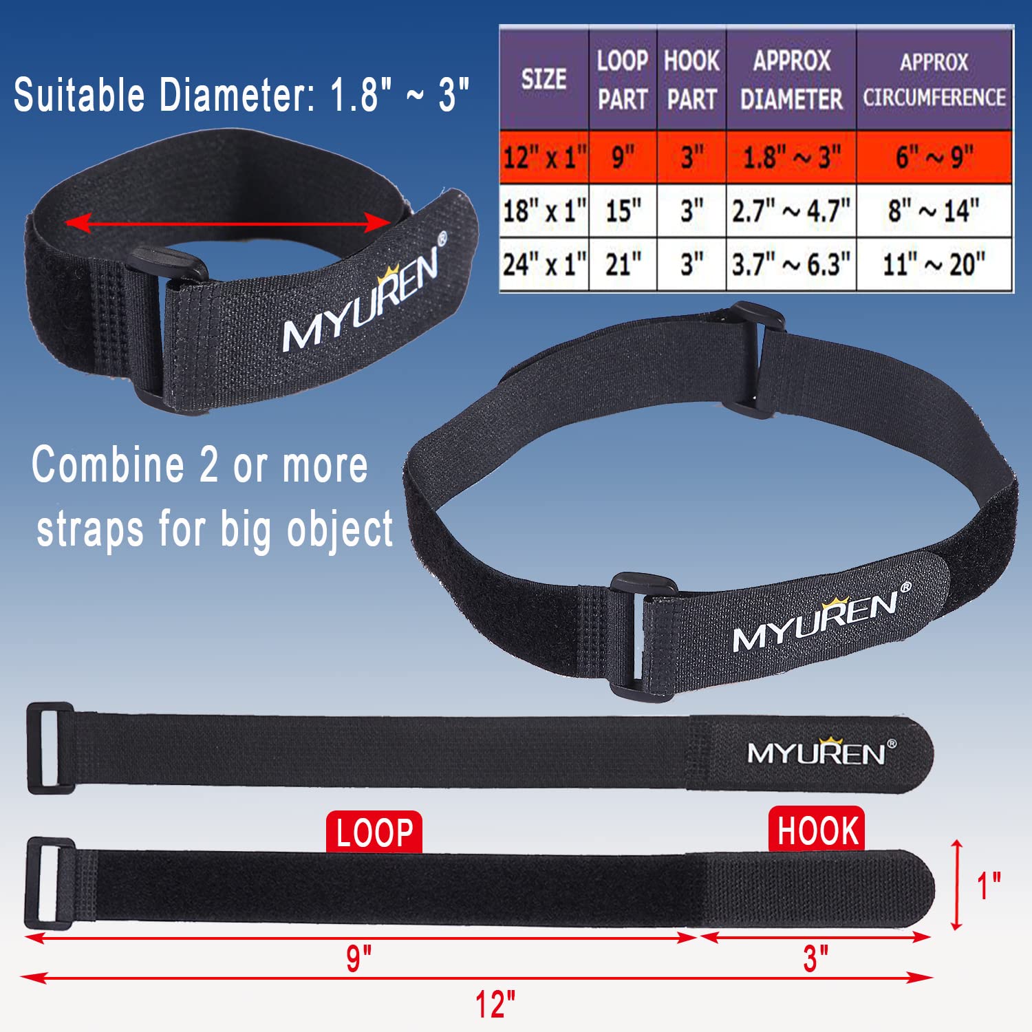 1''X 12'' 12 Pack Reusable Fastening Cable Straps With Buckle Adjustable Hook And Loop Securing Strap Multi Purpose Cinch Strap