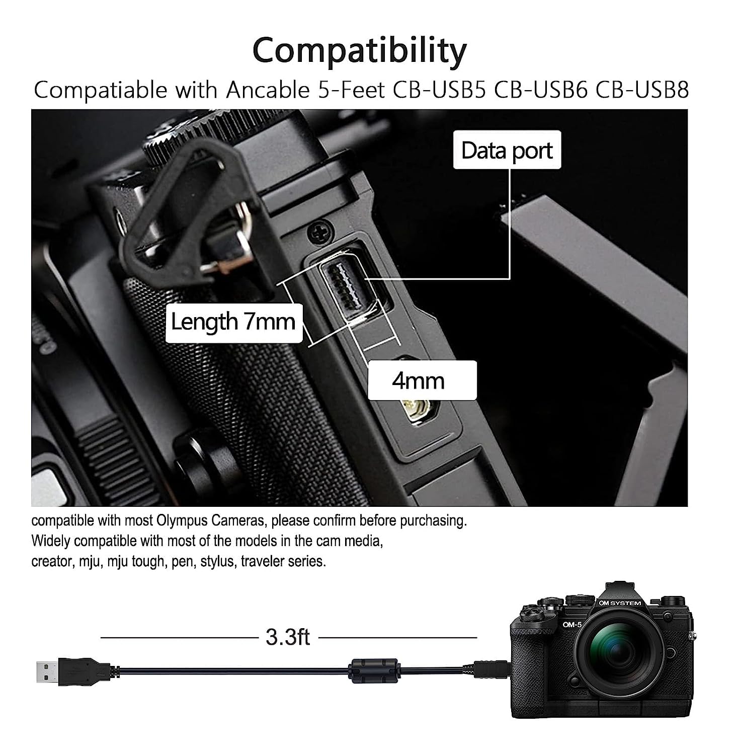 Camulti 150Cm Black 12Pin Usb Data Transfer And Charging Cable For Olympus Tough Tg 630 830 860 870 Tg 2, Sz 10 Sz 11 Sz 14 C 17