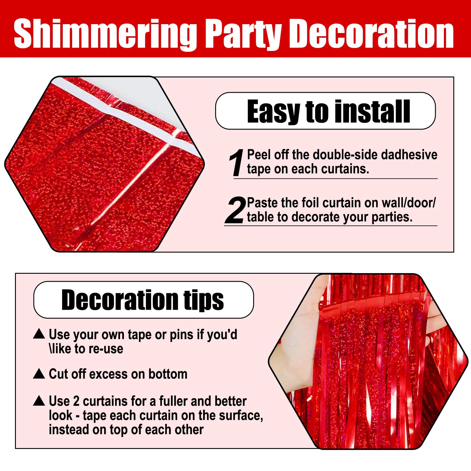 3 Pack Red Foil Fringe Curtain Backdrop, 3.28Ft X 8.2Ft Metallic Tinsel Foil Fringe Streamer Curtains For Photo Booth, Valentine