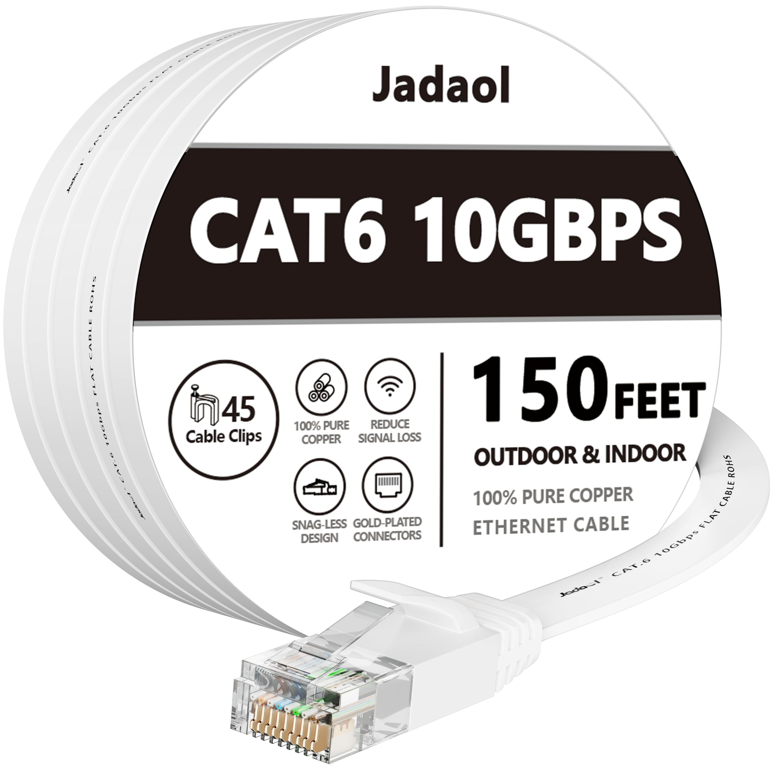 Cat 6 Ethernet Cable 150 ft, Outdoor&Indoor, 10Gbps Support Cat8 Cat7 Network, long Flat Internet LAN Patch Cord, Cat6 Solid Fas