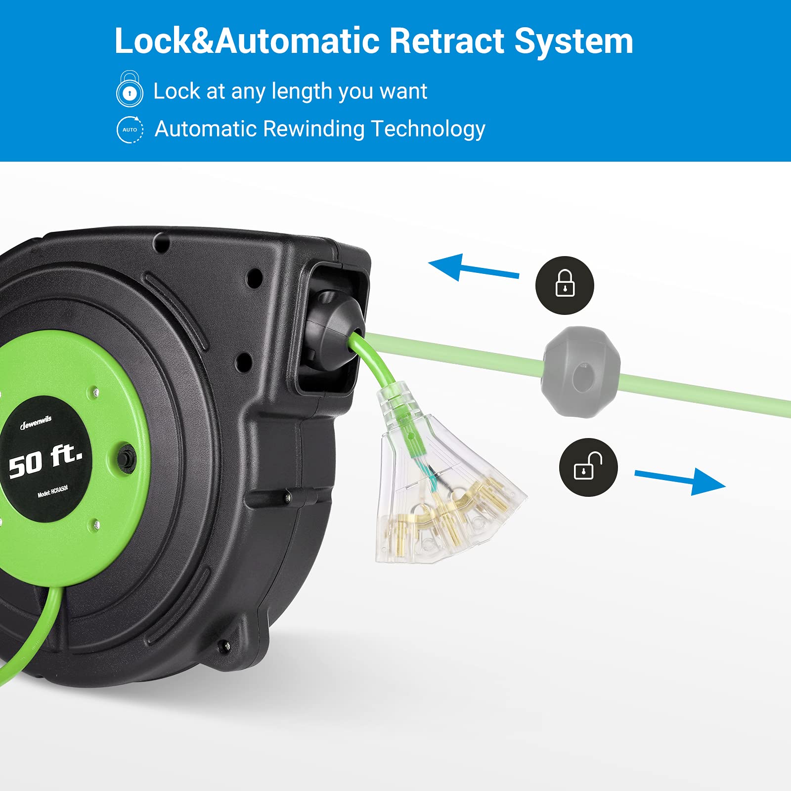Dewenwils Retractable Cord Reel, 50Ft Extension Cord Reel, 14Awg/3C Sjtow, Grounded Outlets Lighted Triple Tap, 13 Amp Circuit B