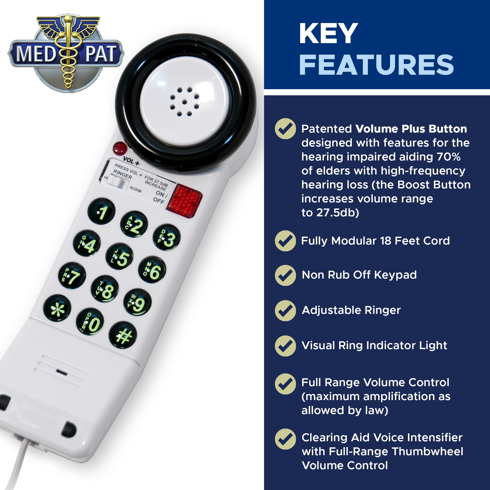 Med Pat Xl88Q   Easy To Use One Piece Telephone With Ring/In Use Light Indicator, Extra Loud Extra Clear Volume Boost, For Busy Settings, Elderly & Teenagers, Corded Landline Telephone, Pack Of 1
