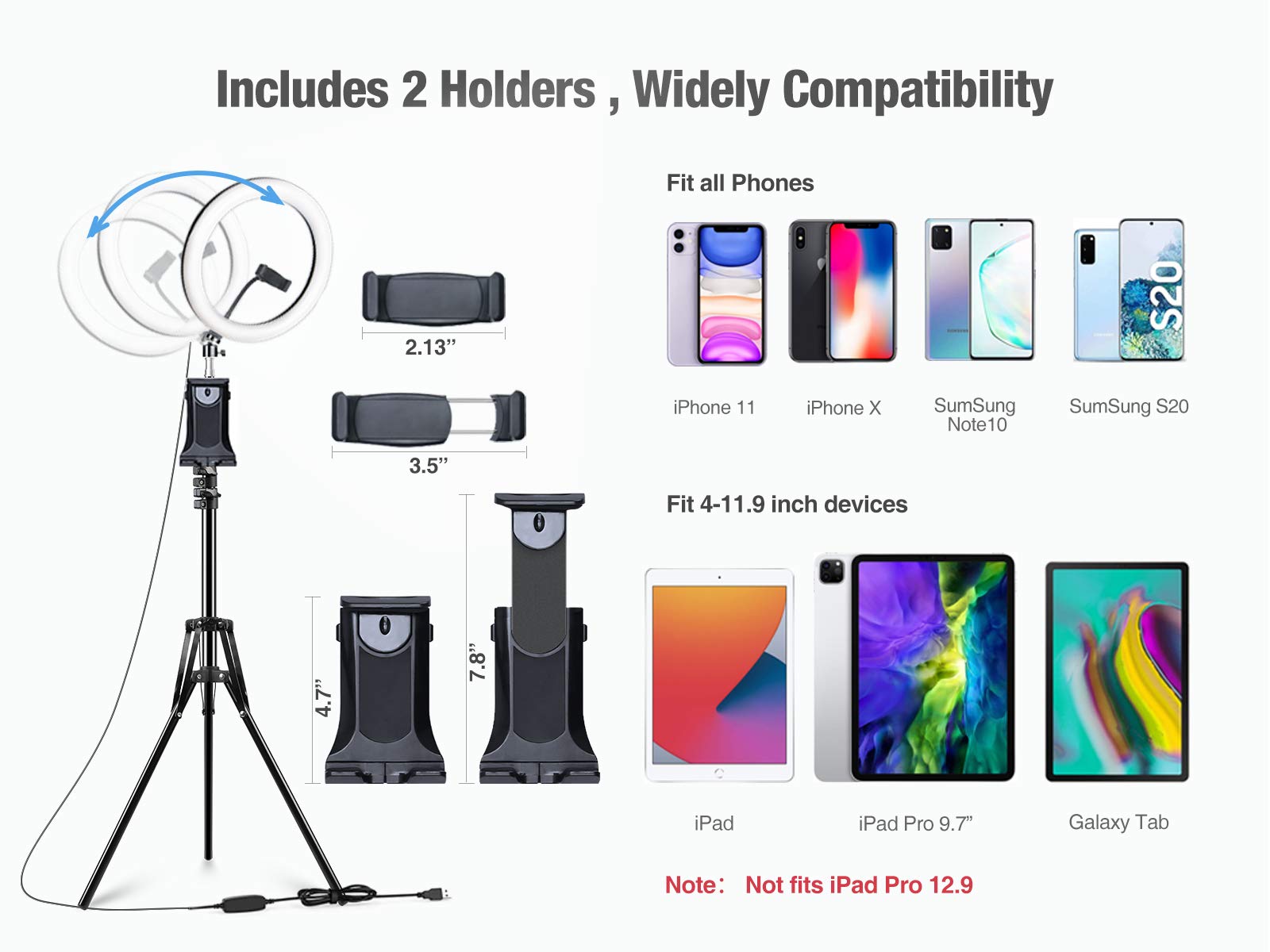 Elitehood 12 Ring Light With Tripod Stand (72 Tall) & Ipad/Phone Holder, Dimmable Selfie Circle Led Lights Ringlight For Video R