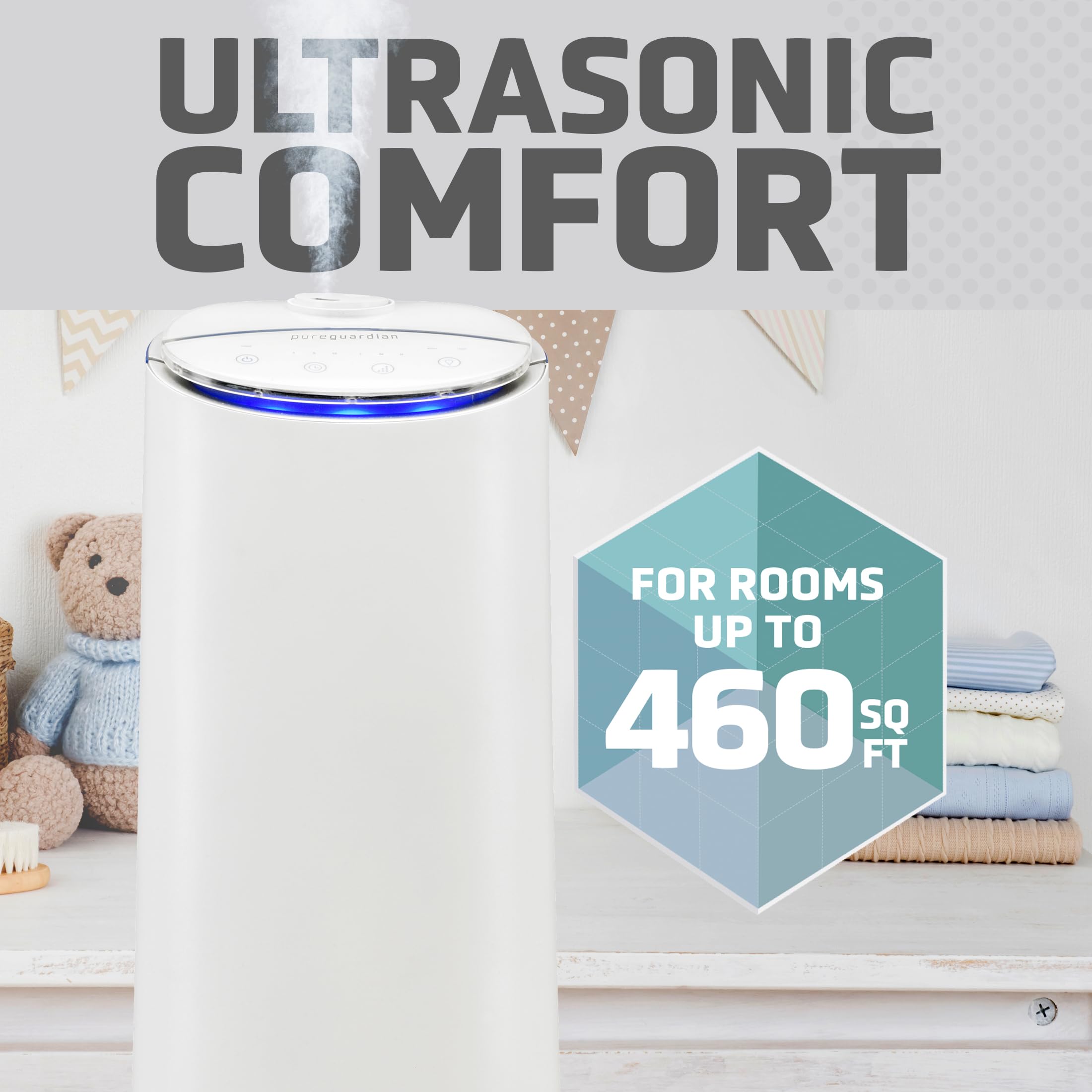 Pureguardian 7.4L Output Per Day Ultrasonic Warm And Cool Mist Humidifier Tower With Aroma Tray For Essential Oils, 100 Hour Per