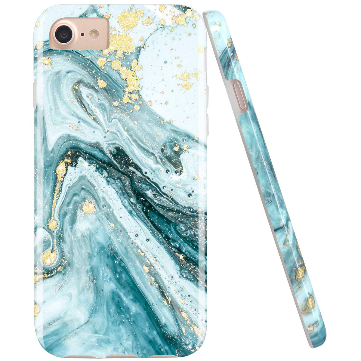Jiaxiufen Iphone Se 2022 Case,Iphone Se 2020 Case, Gold Sparkle Glitter Blue Marble Desgin Slim Shockproof Flexible Cover Phone