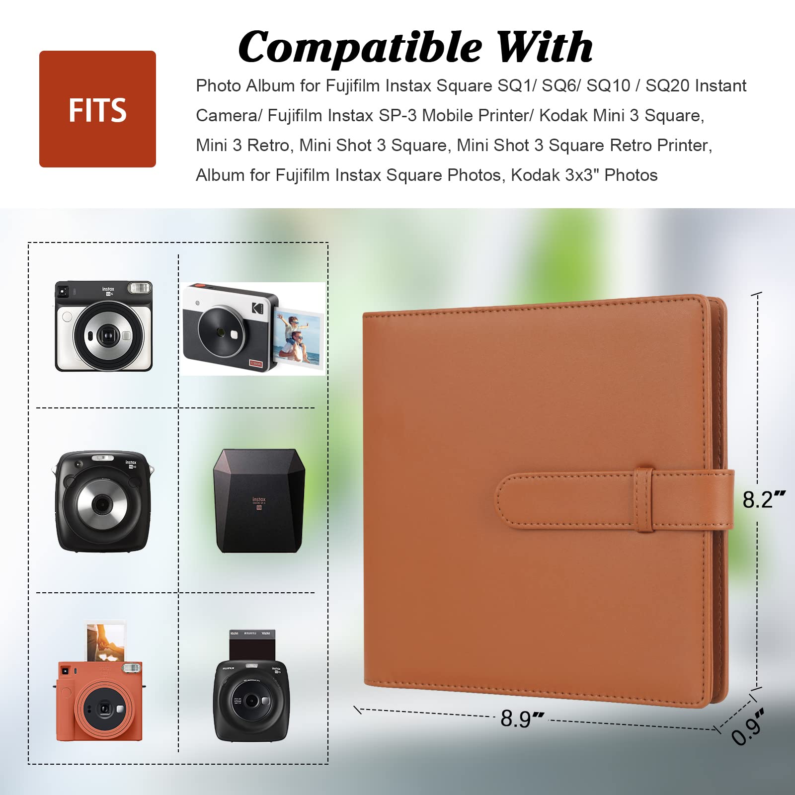288 Pockets Photo Album For Fujifilm Instax Square Sq1/Sq6/Sq10/Sq20 Camera, Kodak Mini 3 Square,Mini Shot 3 Square, Mini Shot 3 Square Printer, Album For Instax Square Photo, Kodak 3X3' Photo (Brown)