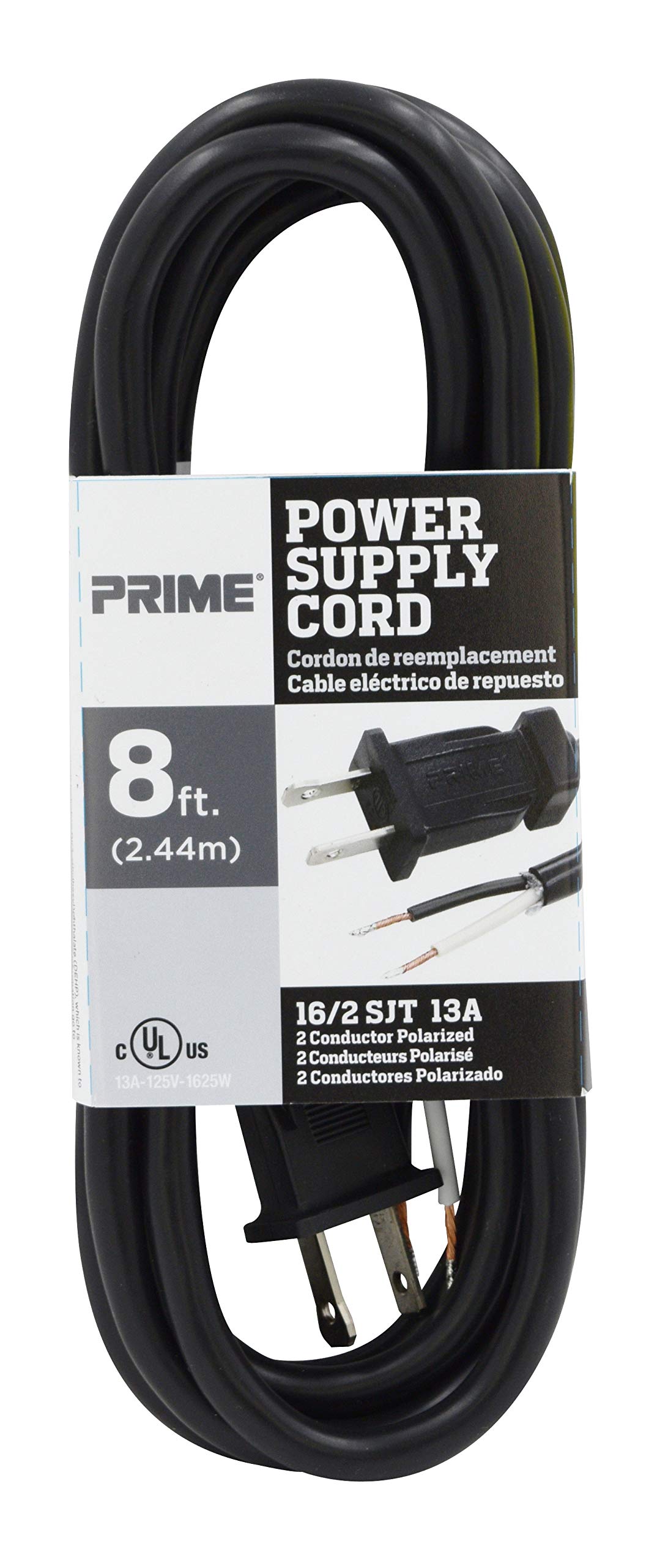 Prime Ps005608 8 Feet 16/2 Sjt Replacement Power Supply Cord, Black