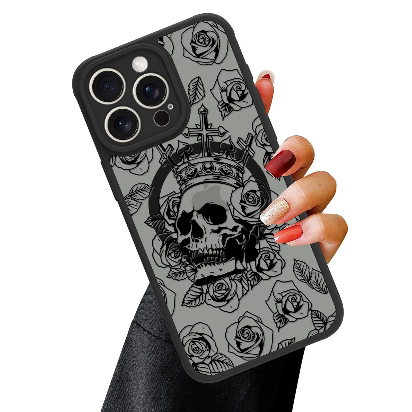 Ook Magnetic For Iphone 15 Pro Max Case Black Skull Flower [Compatible With Magsafe] Slim Translucent Matte Camera Lens Protecti