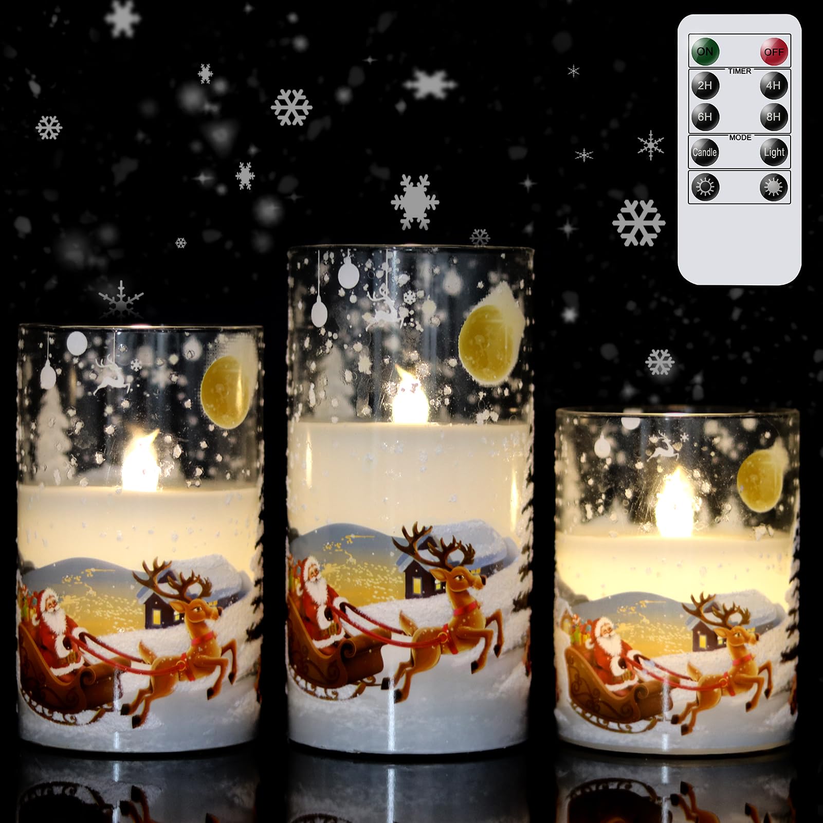 Wondise Santa Claus Glass Flameless Candles Remote And Timer, Battery Operated Real Wax Led Flickering Pillar Candles White Cold