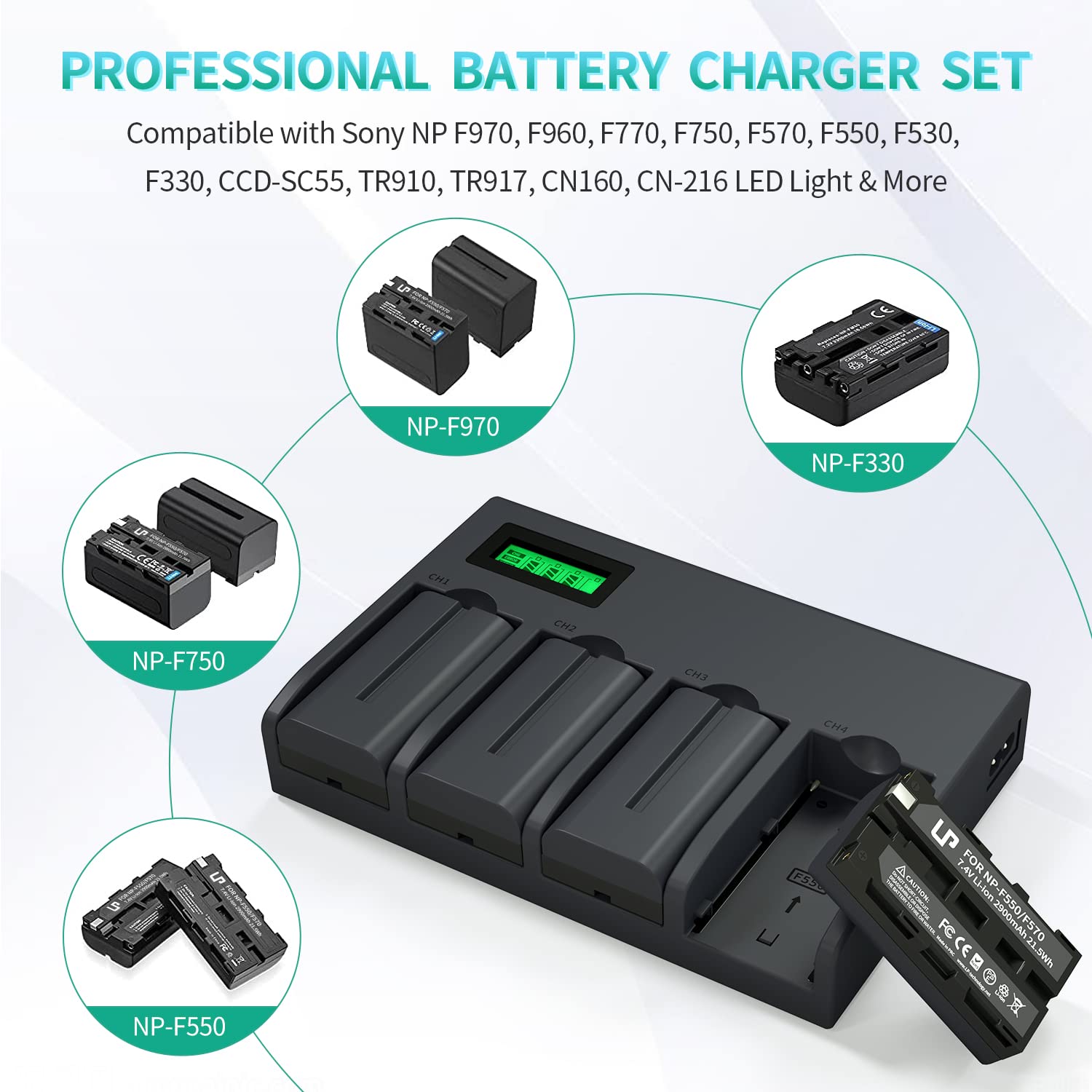 Np F550 Battery Charger Pack, Lp 4 Pack Battery & Quadruple Slot Charger, Compatible With Sony Np F970, F960, F770, F750, F570,