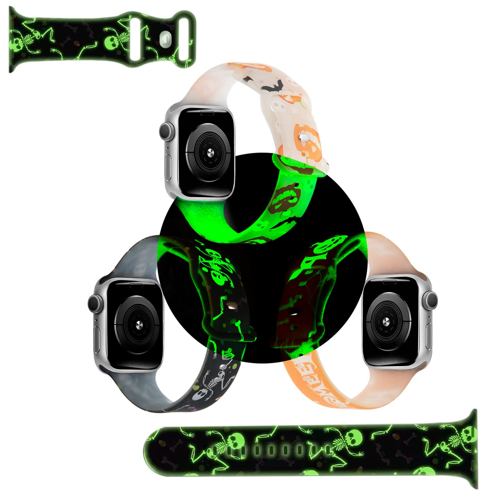 Halloween Band Compatible Apple Watch Women 3 Packs 42Mm/44Mm/45Mm/49Mm, Blingbrione Soft Silicone Glow Luminous Pumpkin Skull S