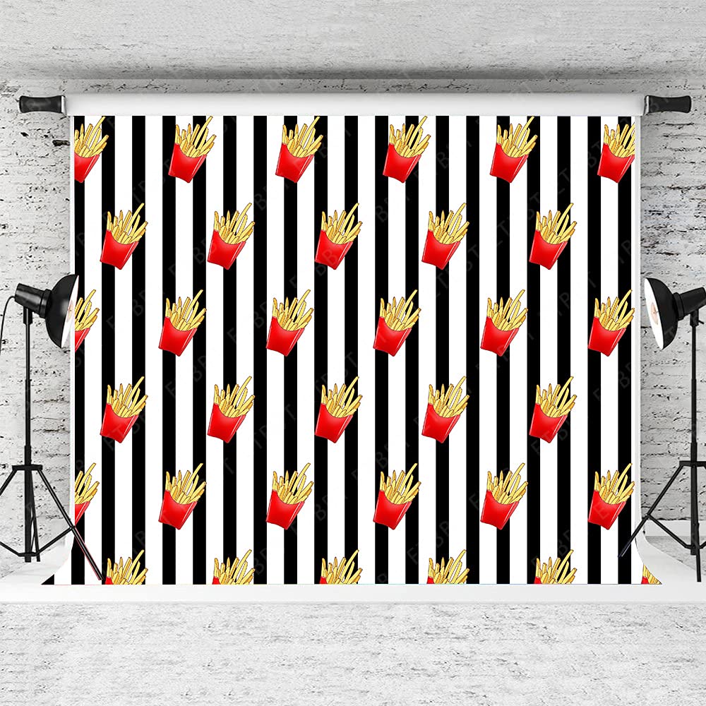 Emdspr 7X5Ft French Fries Backdrop Funny Fried Junk Food Snack Picnic Party Photography Background Black And White Stripes Party