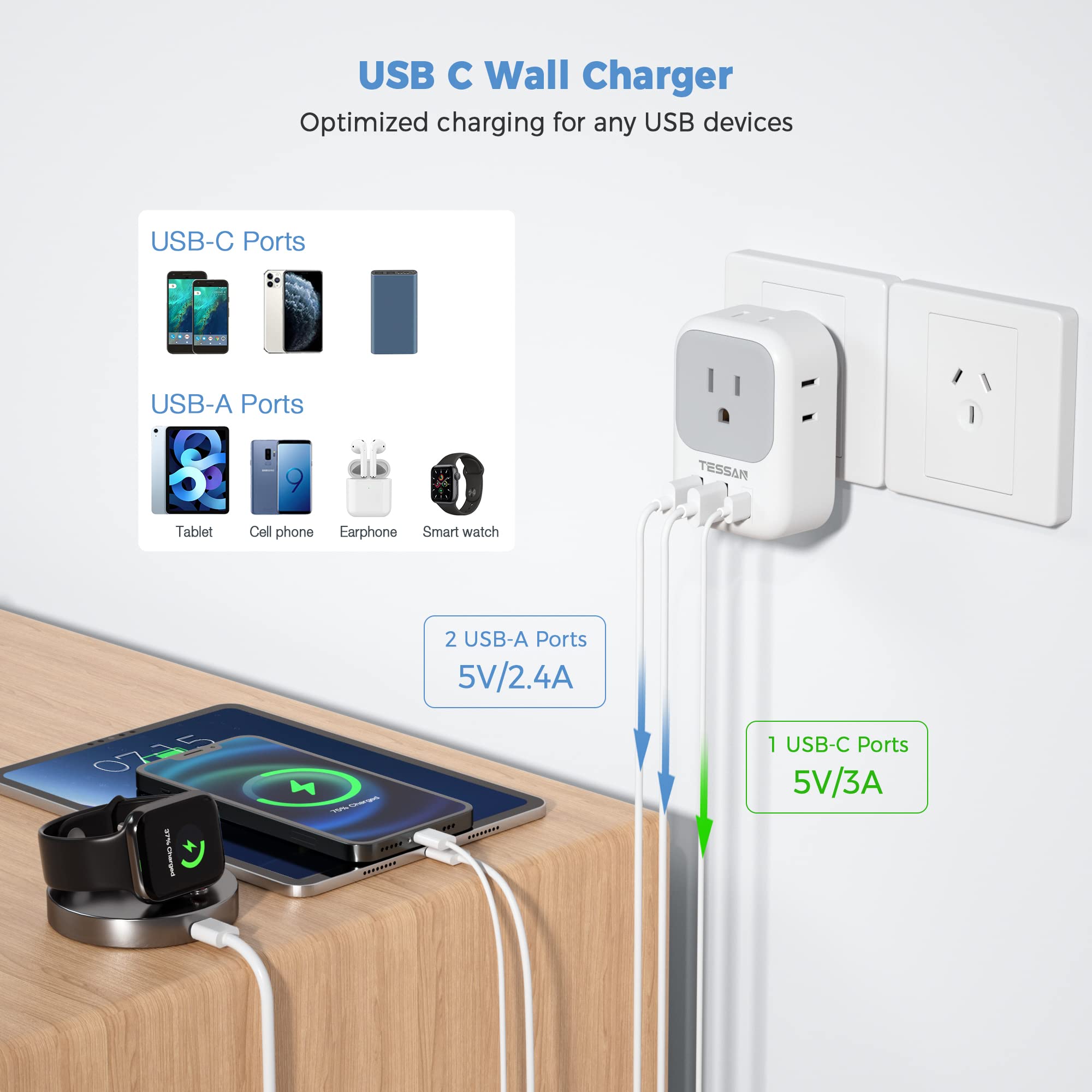 TESSAN Type I Travel Adapter with 4 Outlets & 3 USB Ports, Model TS-161-AU-C, Grey-White, Ideal for Australia & New Zealand Travel