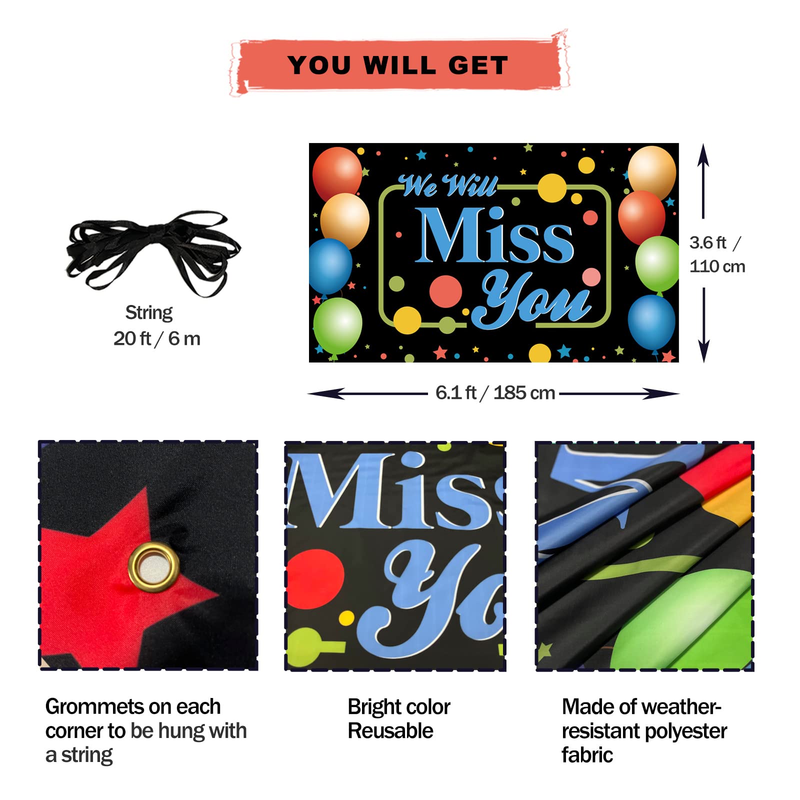 Htdzzi We Will Miss You Party Decorations, Going Away Party Backdrop Banner Background Photo Booth Props For Farewell Graduation