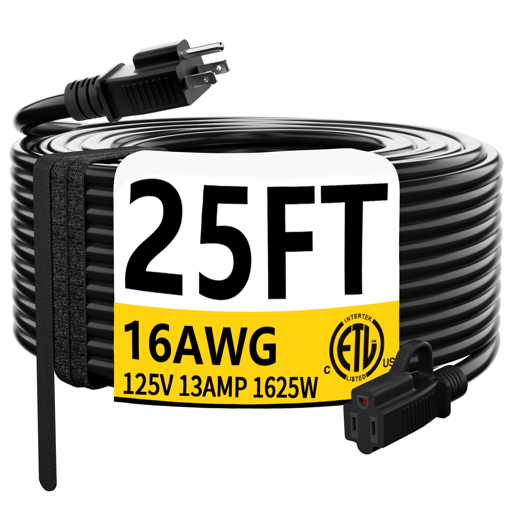 Huanchain Black Outdoor Extension Cord 25 Ft Waterproof, Flexible 16/3 Gauge Heavy Duty Power Cord Extension 3 Prong 13A 1625W S