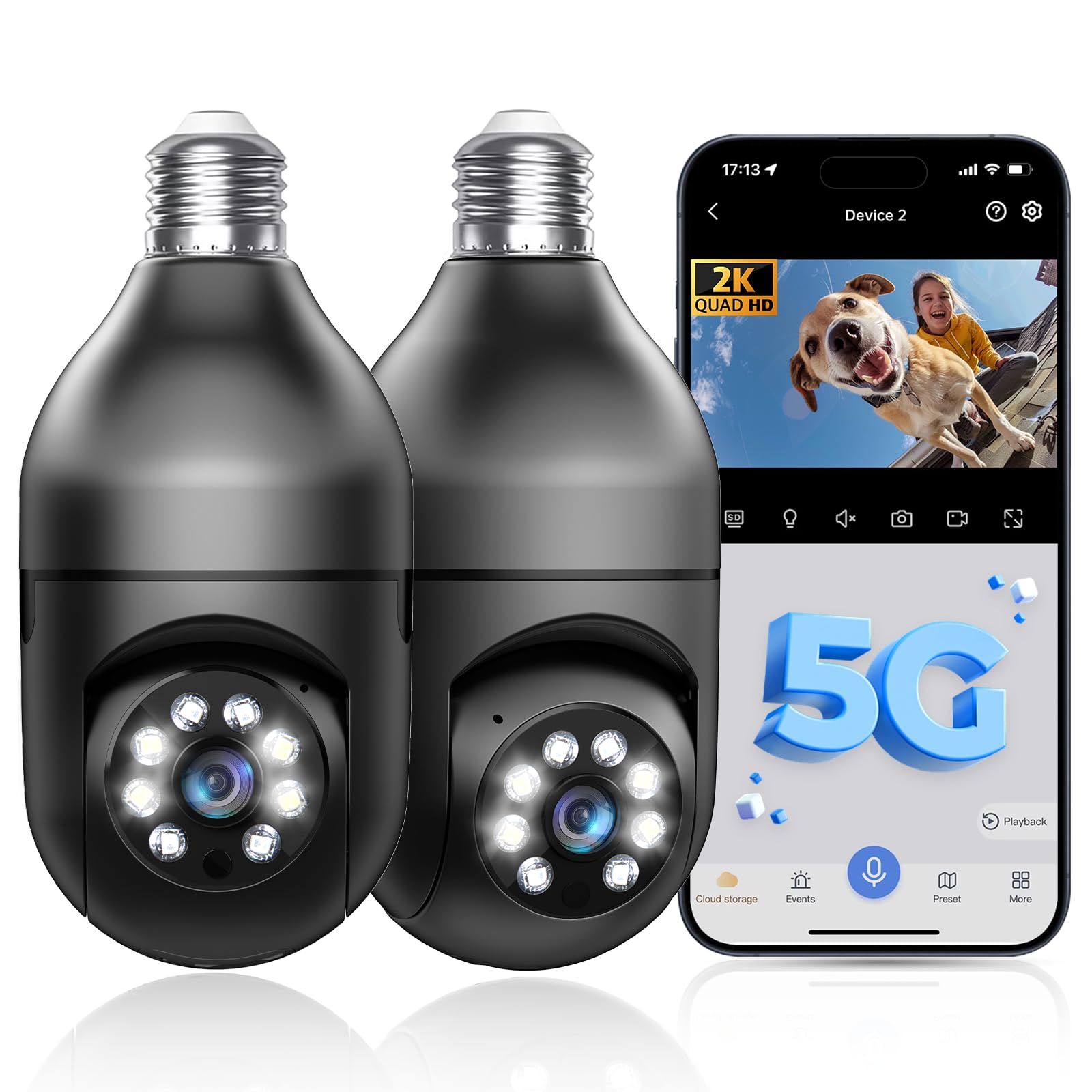 Light Bulb Security Camera 5G Wifi 2K Light Socket Security Cameras Wireless Outdoor Eseecloud, 360 Screw In Sight Bulb Motion D