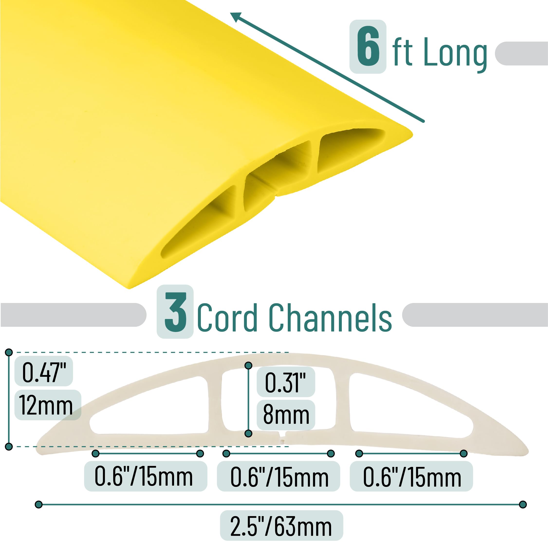 Bates  Floor Cord Cover, 6 Ft Cable Cover, Yellow Extension Cord Cover Floor, Cord Protector, Floor Cable Cover, Cord Hider Floo