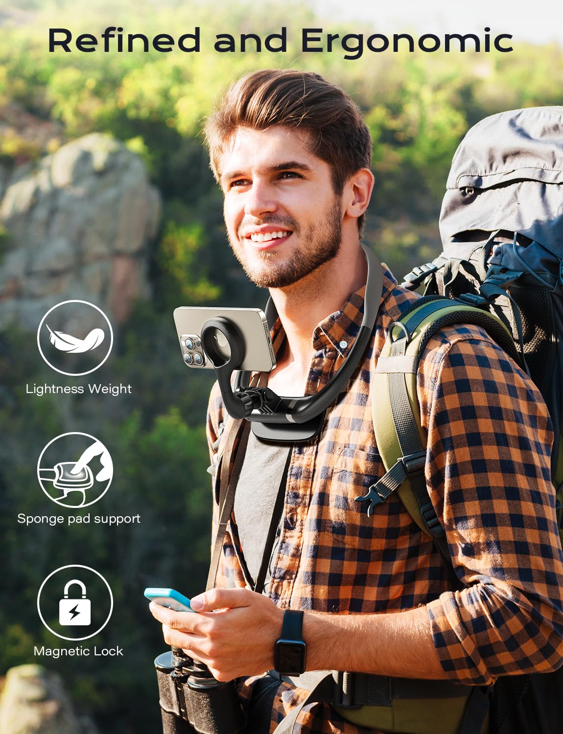 Tazeni Neck Phone Holder For Pov/Vlog Selfie, Magnetic Phone Chest Mount Hands-Free Fit Magsafe Magnetic Neck Mount For Phones W