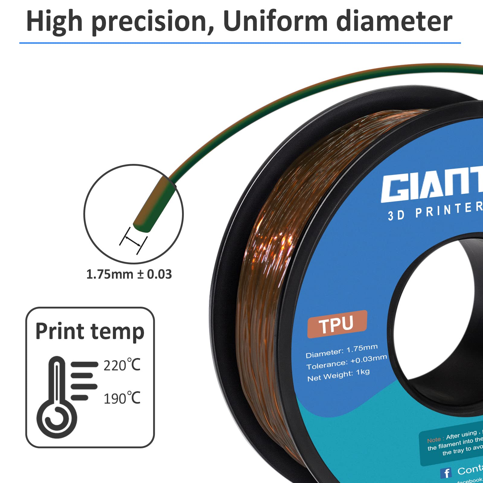 Giantarm Tpu Filament 1.75Mm Flexible Soft 3D Printer Consumables Brown,95A 1Kg Spool (2.2 Lbs.), Dimensional Accuracy +/  0.05