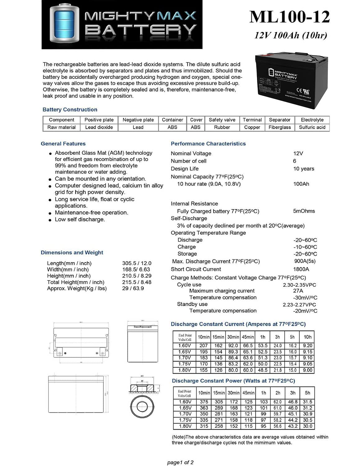 Mighty Max Battery Ml100-12 - 12 Volt 100 Ah, Internal Thread (Int) Terminal, Rechargeable Sla Agm Battery