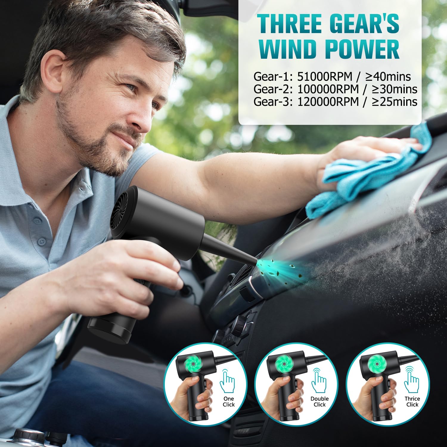 Compressed Air Duster Electric  12,0000Rpm  Air Duster With Led Light, 3 Gear 7600Mah Rechargeable Jet Dryer Blower For Computer