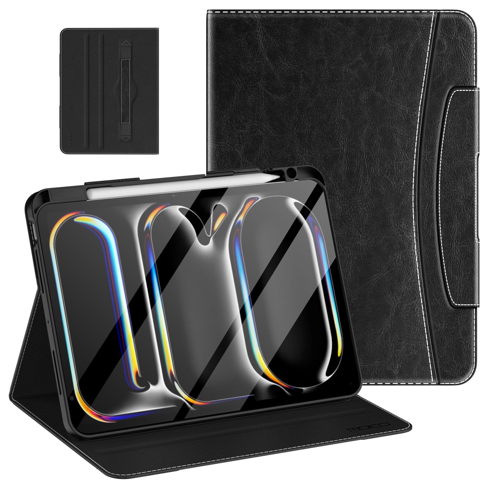 MoKo Case for iPad Pro 11 Inch M4 2024 (5th Generation) with Pencil Holder & Pocket, Built in Hand Strap, Multi Angle Viewing, Premium PU Leather Folio Cover for iPad Pro 11 2024, Black