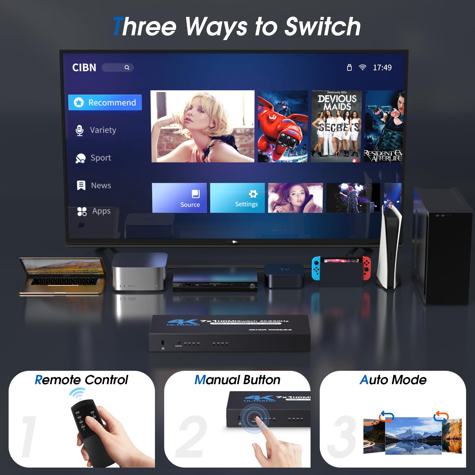 Hdmi Switch 7 In 1 Out, 4K60Hz Hdmi Switcher With Remote, Hdmi Selector Box Support Ultrahd Dolby Hdr10 Hdmi 2.0 Hdcp 2.2 3D, Hd