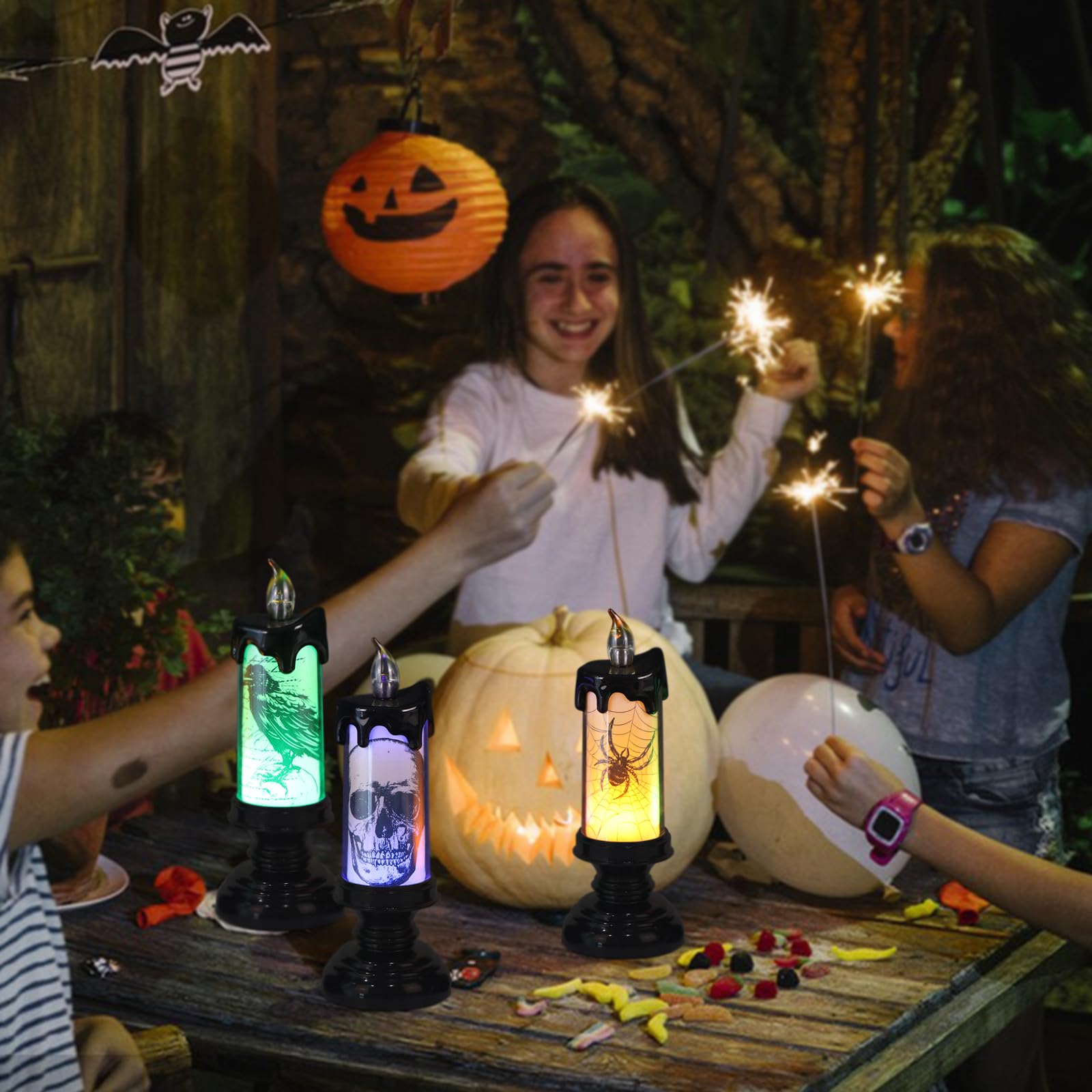 Eldnacele Halloween Flameless Candle Lamp Battery Operated With Remote And Timer, Spooky Horror Skull Crow Spider Decals Led Can