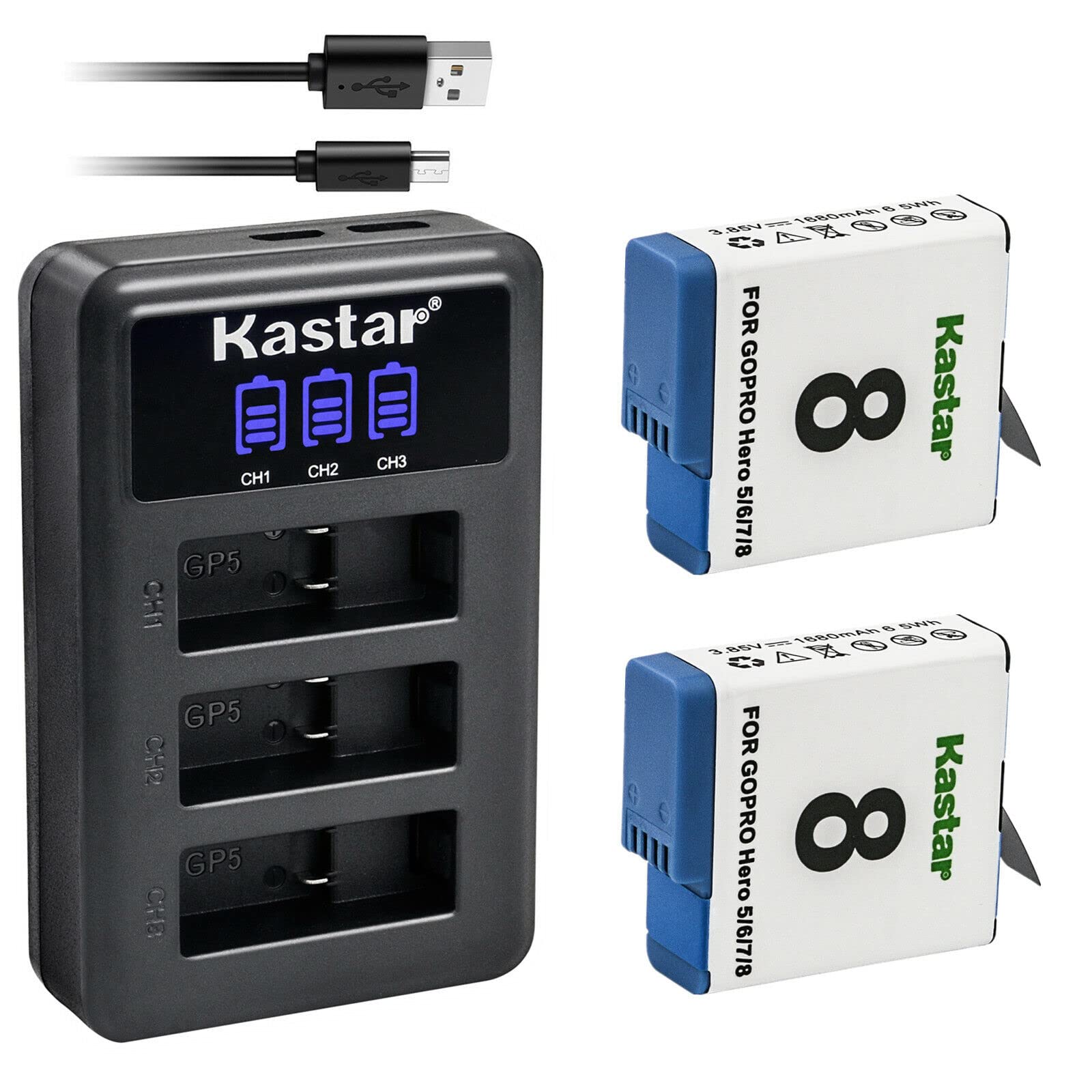 Kastar 2 Pack Battery and LCD Triple USB Charger Compatible with Gopro Hero 8 Action Camera, Hero 7 Action Camera, Hero 6 Action
