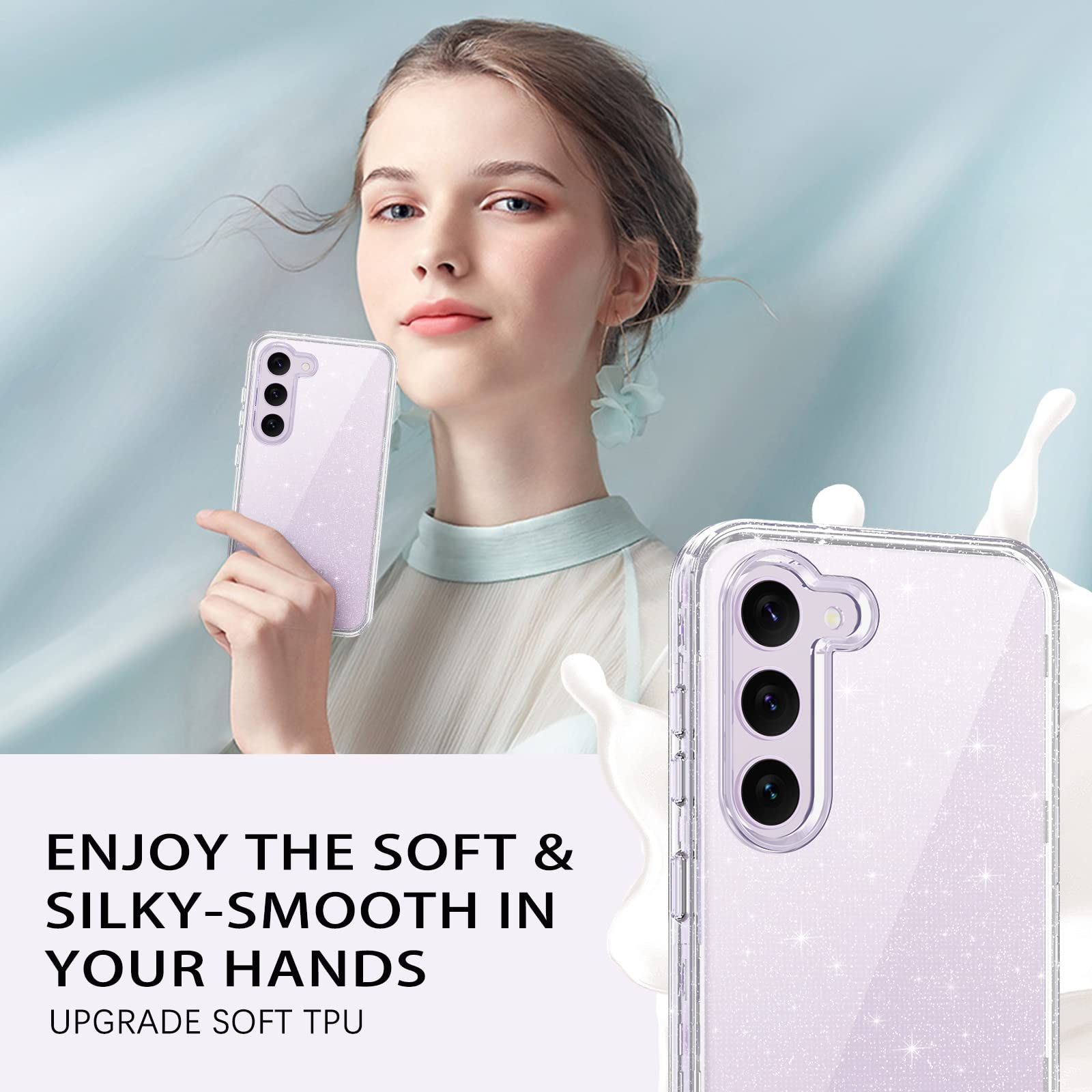 Duedue For Samsung Galaxy S23 Plus Case, Glitter 3 In 1 Heavy Duty Cover Hybrid Hard Pc Rugged Shockproof Transparent Bling Spar