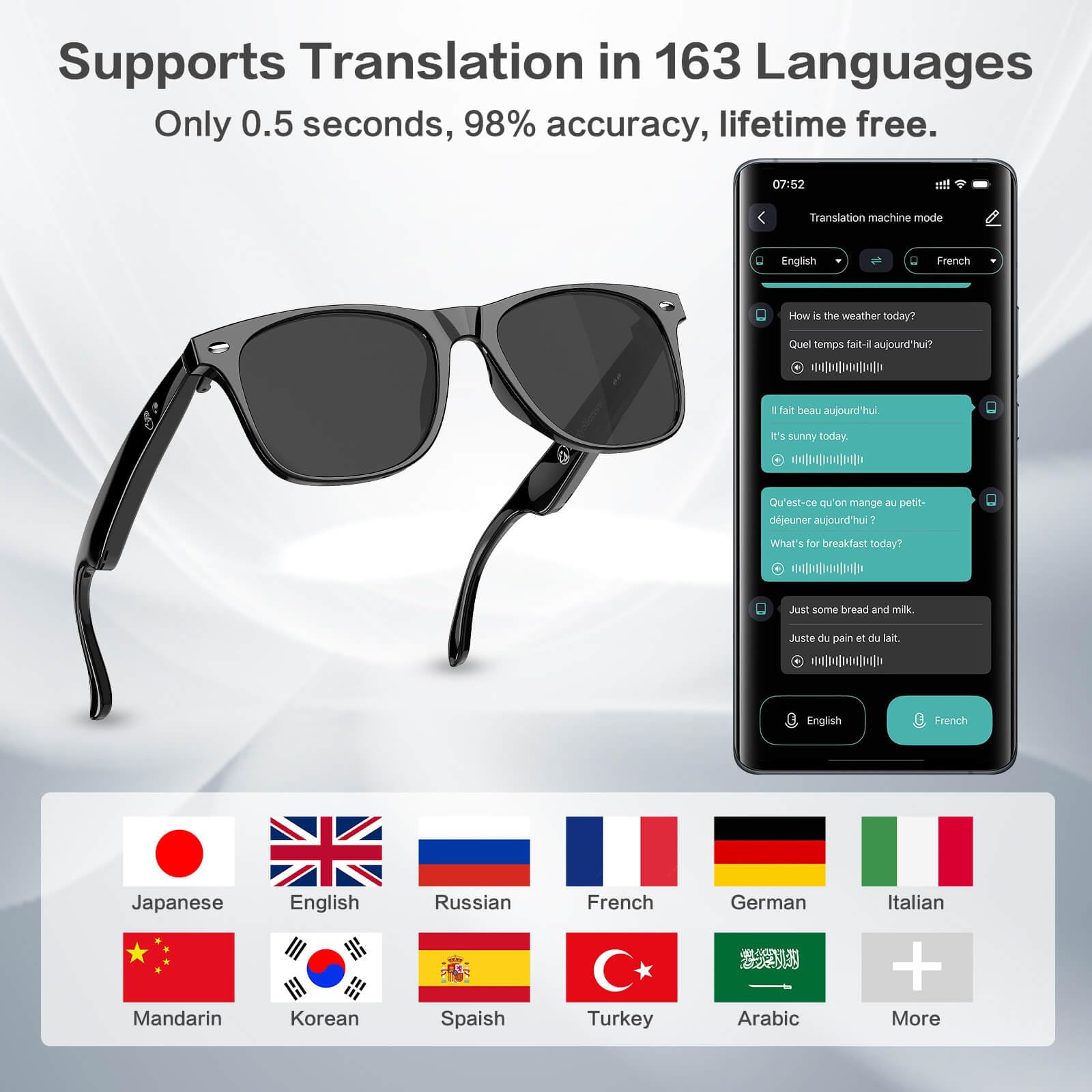 Earlysincere Men'S And Women'S Bluetooth Sunglasses, Ai Translation, 50 Hour Battery Life, Uv Protection, Voice Control, Bluetoo