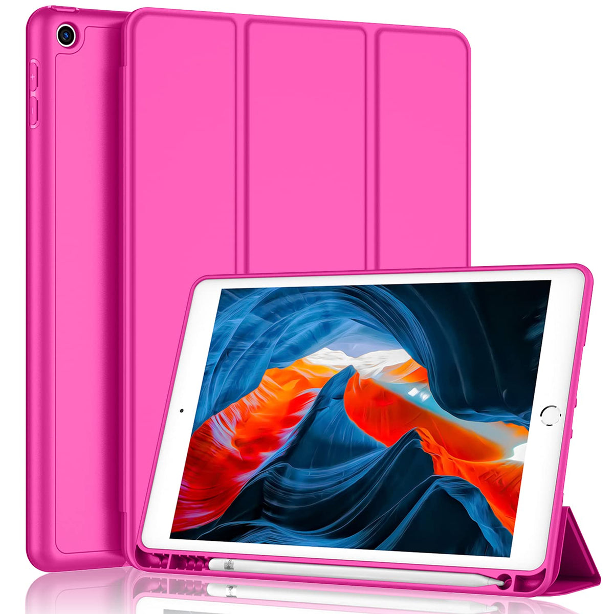 Imieet Ipad 9Th Generation Case 2021/Ipad 8Th Generation Case 2020 10.2 Inch With Pencil Holder, Ipad 7Th Gen 2019 Case With Soft Baby Skin Silicone Back, Auto Wake/Sleep Cover (Rose Red)