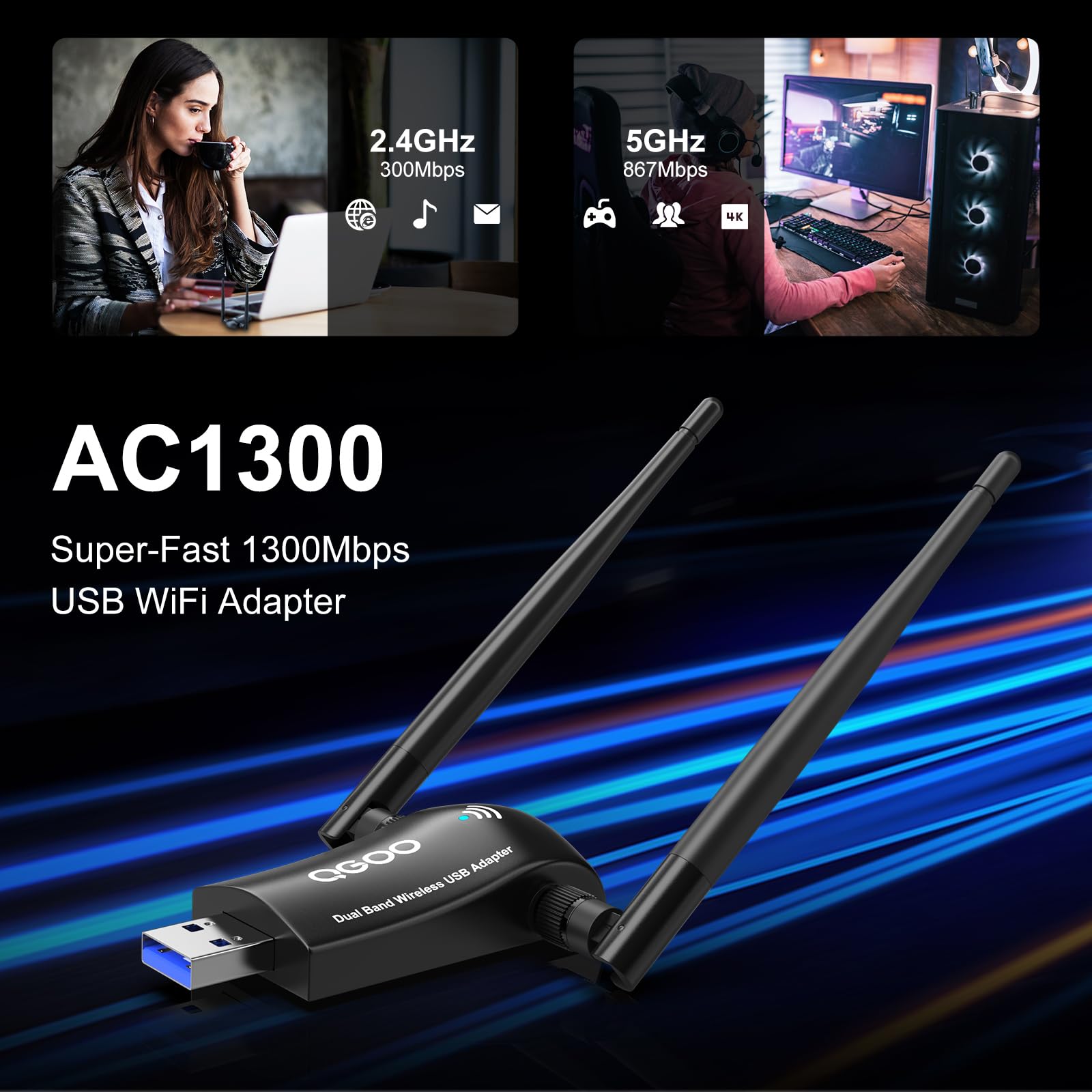 Wireless Wifi Adapter For Desktop Pc   Qgoo Ac1300Mbps Usb 3.0 Network Dongle With 5Dbi High Gain Dual Antennas, Dual Band 2.4G/