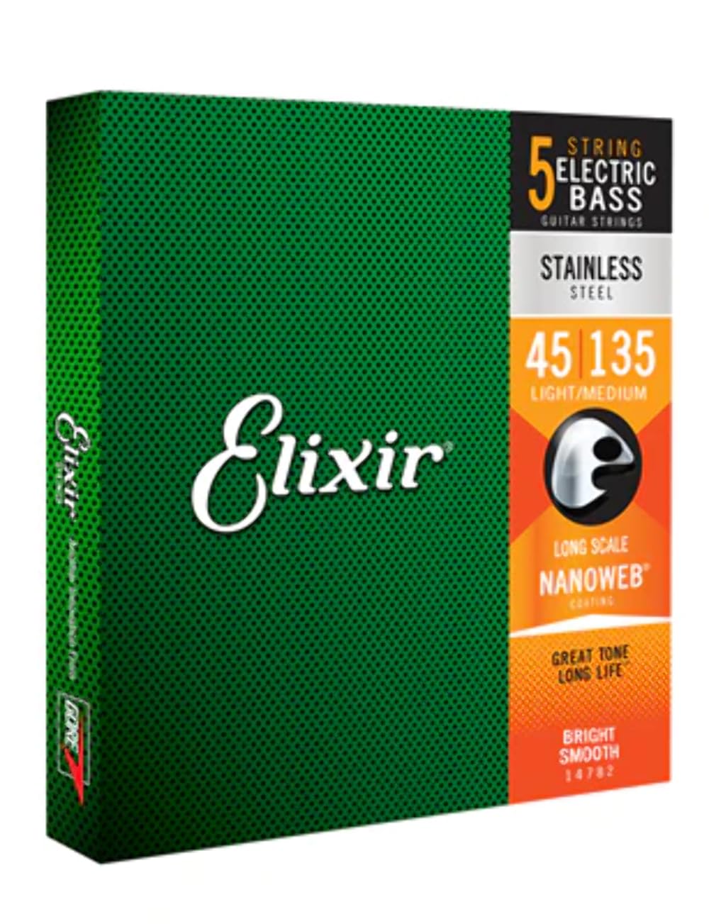 Elixir Strings Stainless Steel 5 String Bass Strings W Nanoweb Coating, Long Scale, Light/Medium (.045 .135)