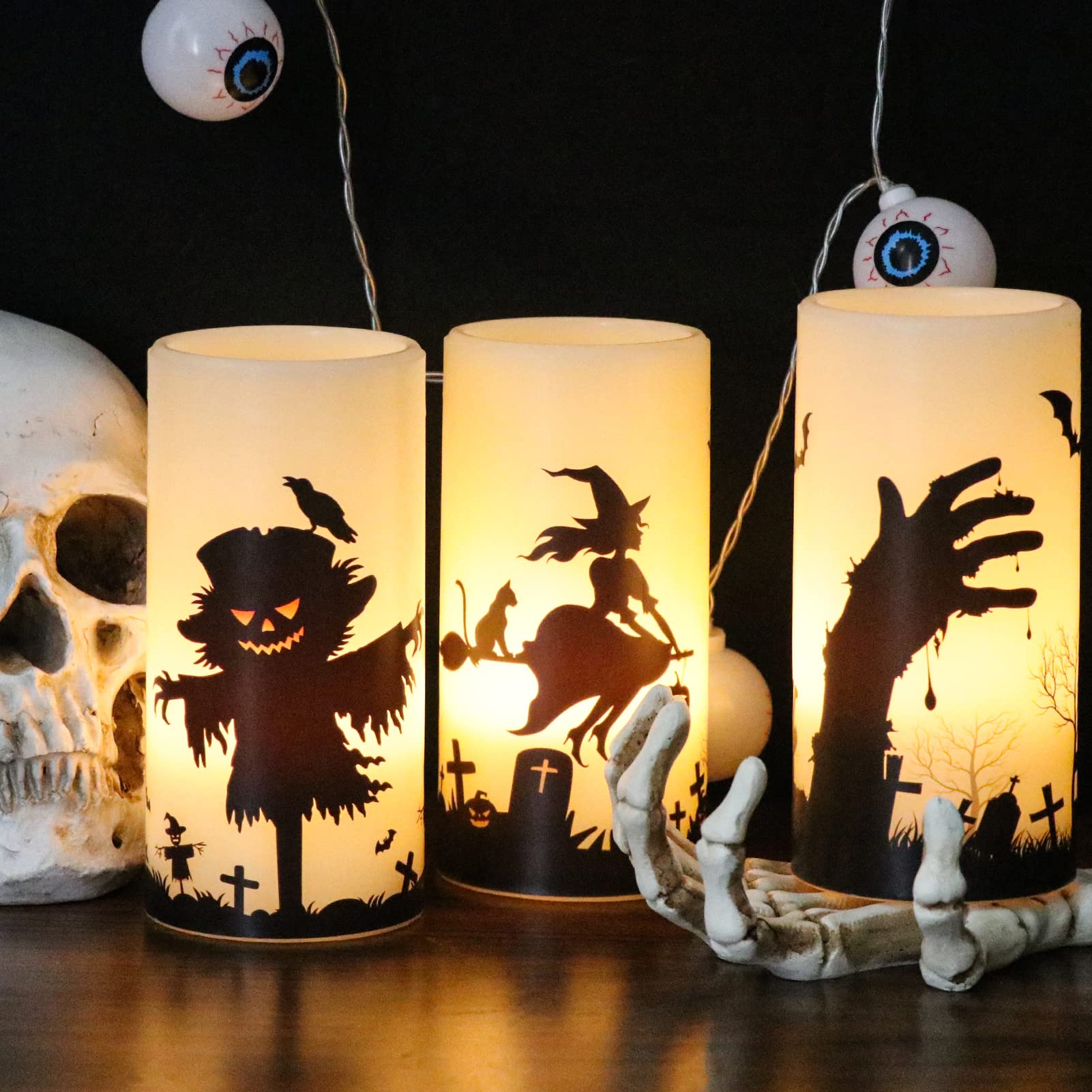 Lasumora Halloween Flameless Candles With Remote Timer, Scarecrow Raven And Flying Witch Decals Set Of 3, Battery Operated Hallo