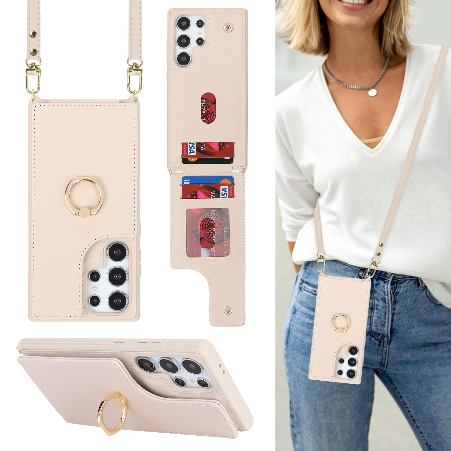 Lipvina for Samsung Galaxy S24 Ultra Case with Card Holder and Strap for Women,Crossbody Lanyard,RFID Blocking,Stand Ring Kickst