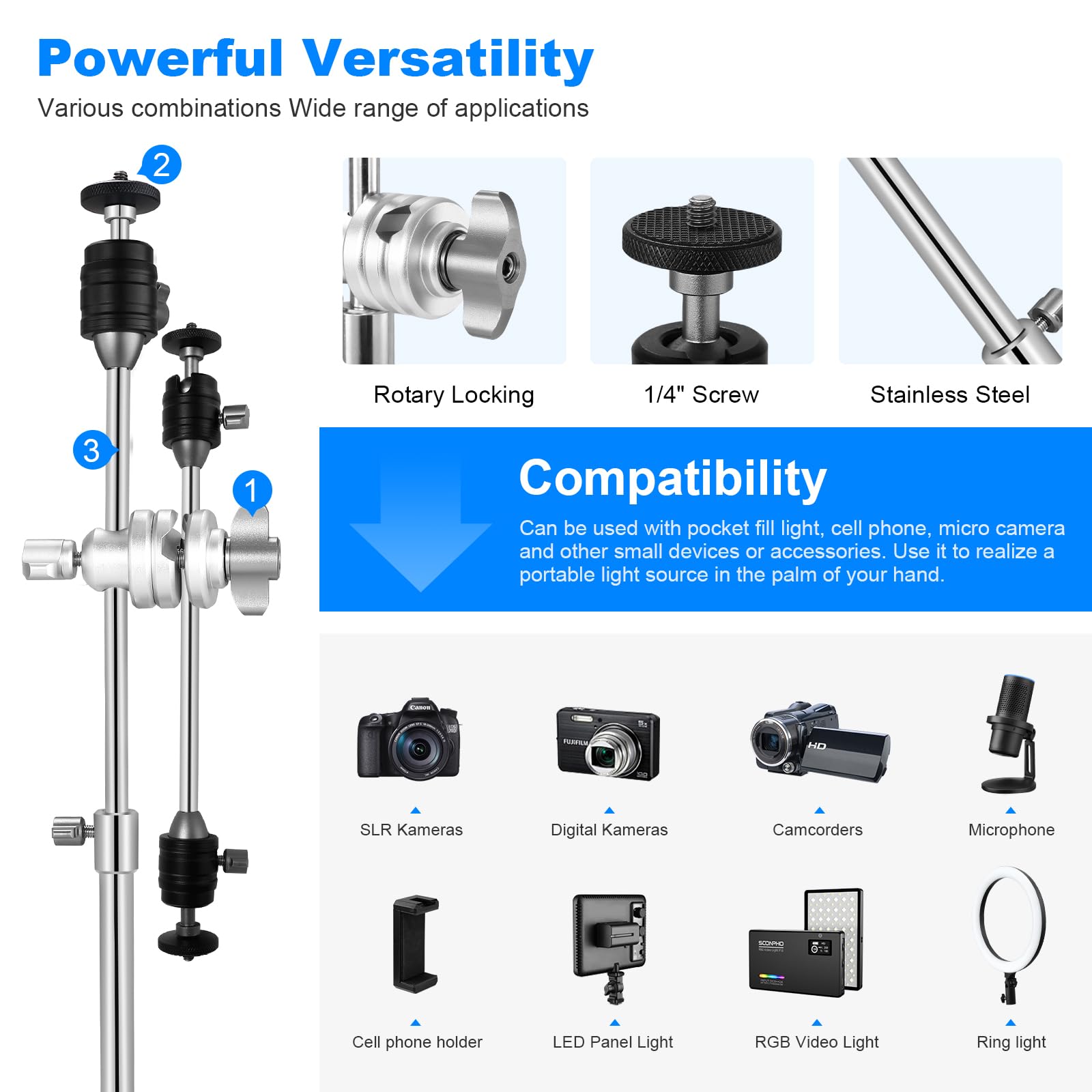 Supon 20' Mini Pocket C Stand, All Metal Adjustable Small 20.8' C Stand Short Tripod Stand With 13' Boom Arm Grip Head, 3 Ball Head, Sliding Leg For Camera, Smartphone, Light, Mic Photography   Silver